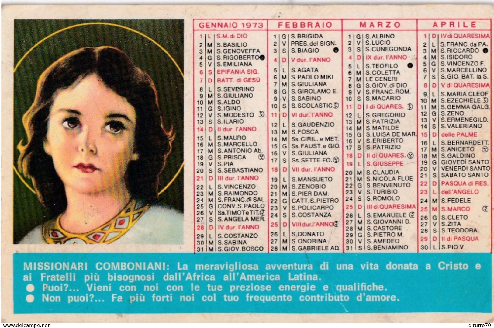 Calendarietto - Missionari Comboniani - Minissale - Messina - Anno 1973 - Petit Format : 1971-80