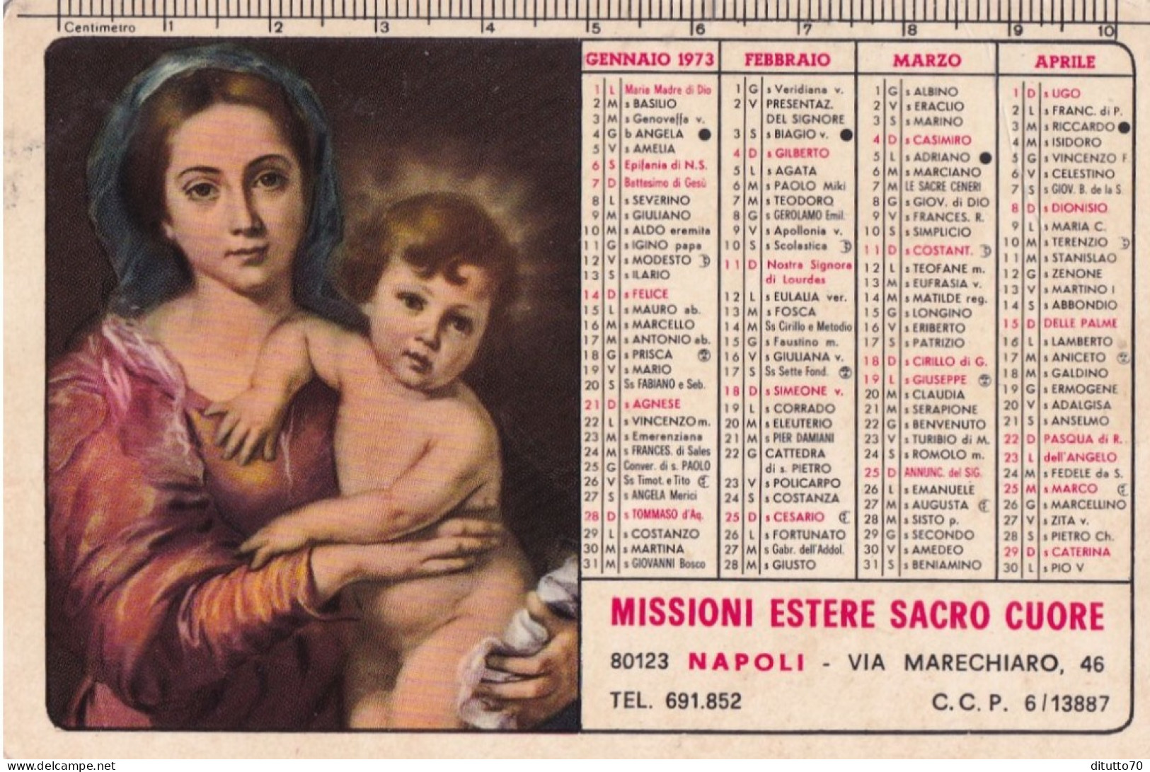 Calendarietto - Missioni Estere Sacro Cuore - Napoli - Anno 1973 - Petit Format : 1971-80