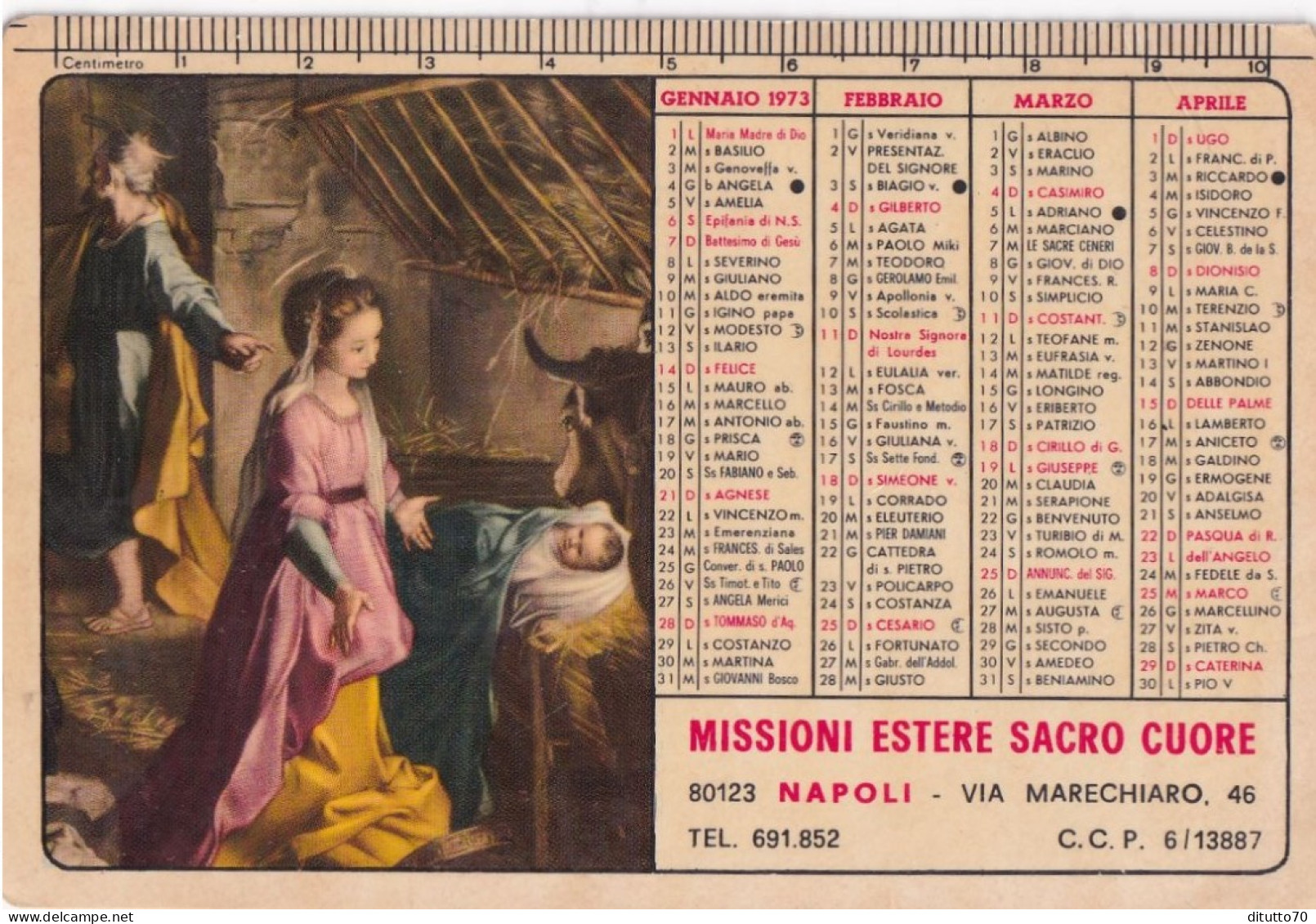 Calendarietto - Missioni Estere Sacro Cuore - Natività - Napoli - Anno 1973 - Klein Formaat: 1971-80