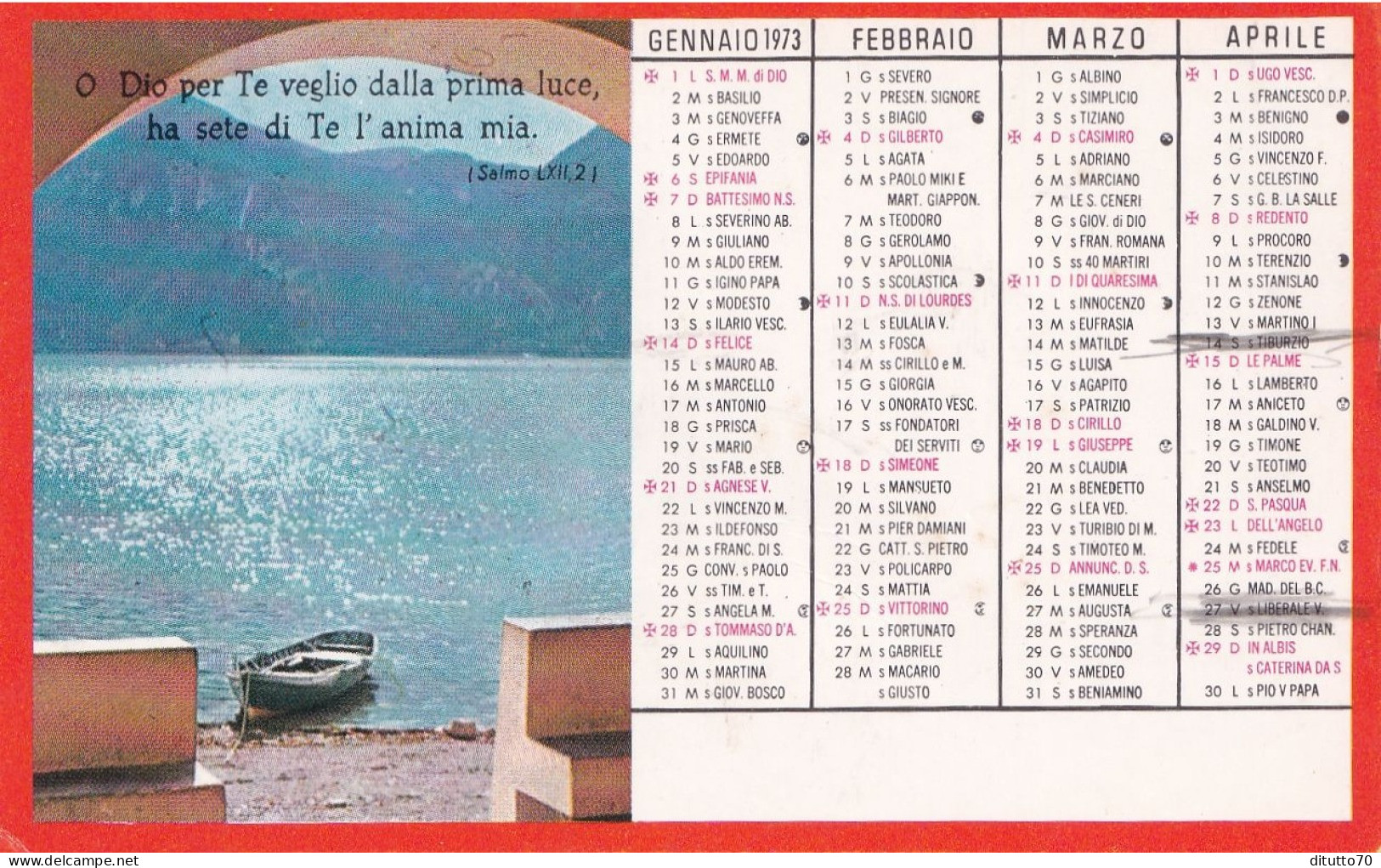 Calendarietto - O Dio Per Te Veglio Dalla Prima Luce, Ha Sete Di Te L'anima Mia - Anno 1973 - Petit Format : 1971-80