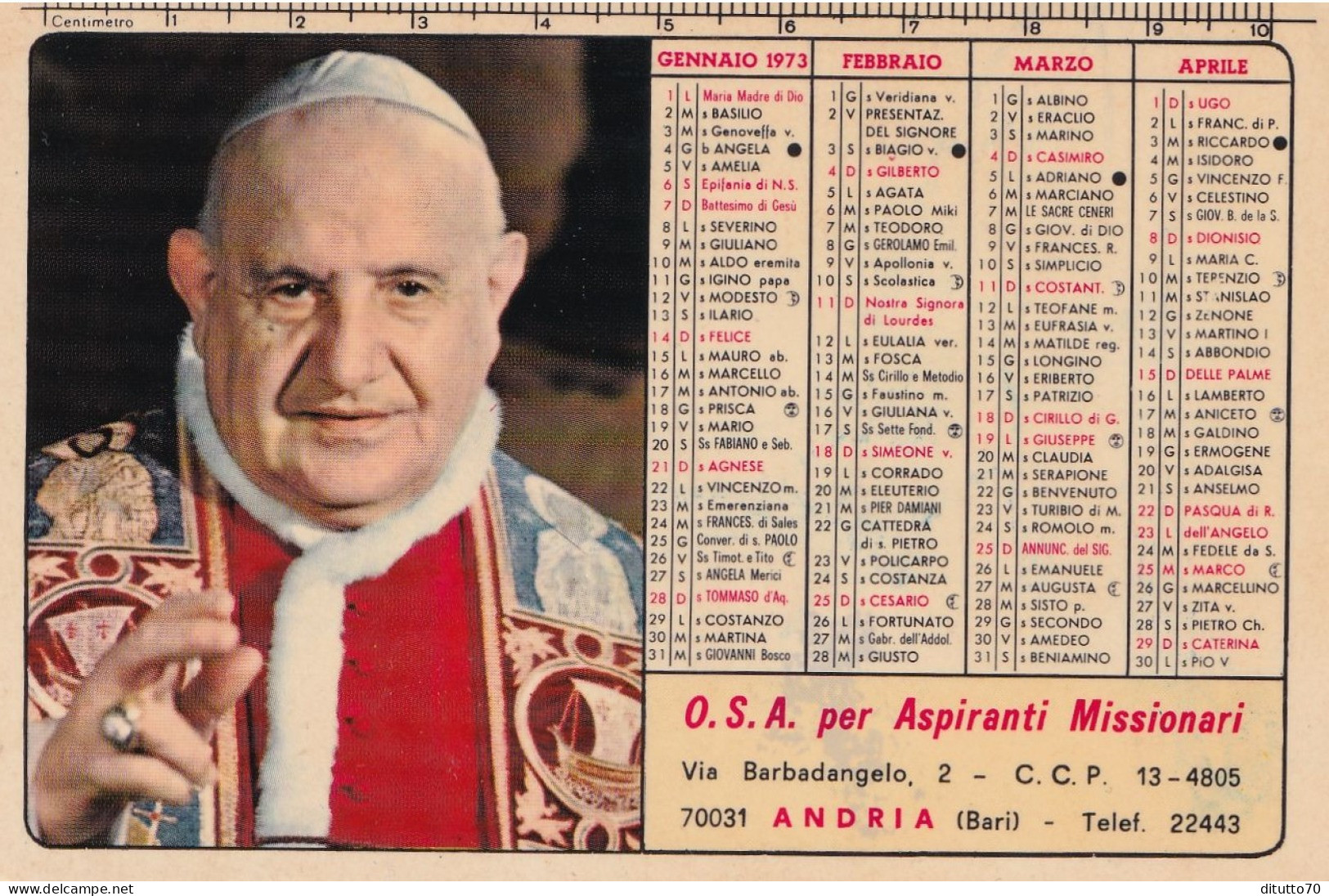 Calendarietto - O.S.A. Per Aspranti Missionari - Andria - Bari - Anno 1973 - Formato Piccolo : 1971-80