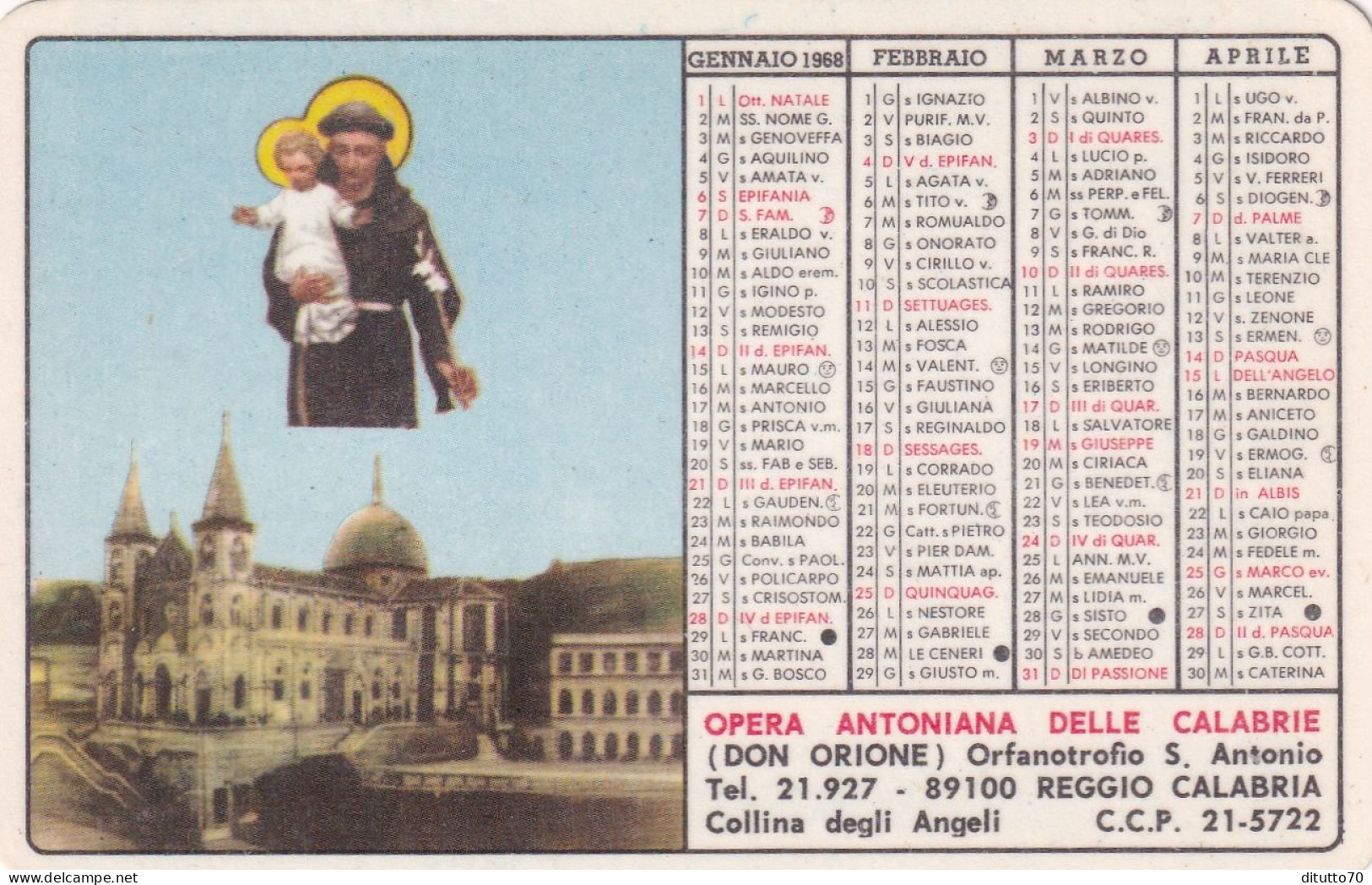 Calendarietto - Opera Antoniana Delle Calabrie - Don Orione - Collina Degli Angeli - Reggio Calabria - Anno 1968 - Klein Formaat: 1961-70