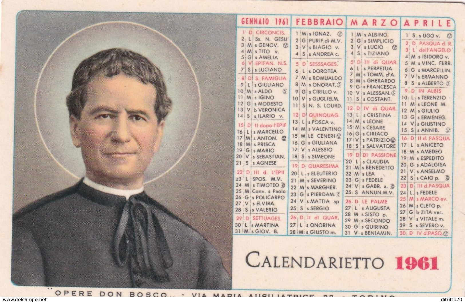 Calendarietto - Opera Don Bosco - Torino - Anno  1961 - Petit Format : 1961-70