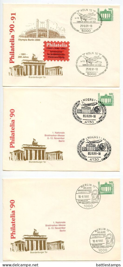 Germany, East 1991 3 50pf. Brandenburg Gate Postal Envelopes, Philatelia '90; Köln, Moers & Berlin Commemorative Pmks - Sobres - Usados