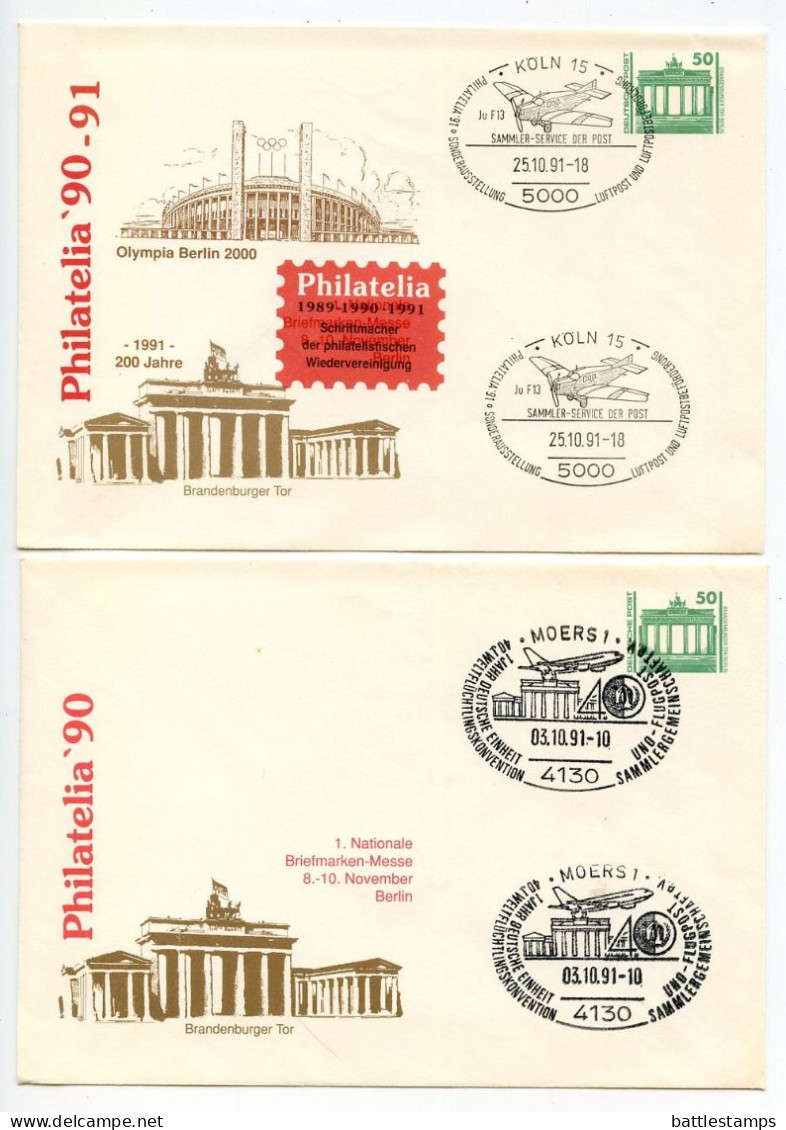 Germany, East 1991 3 50pf. Brandenburg Gate Postal Envelopes, Philatelia '90; Köln, Moers & Berlin Commemorative Pmks - Briefomslagen - Gebruikt