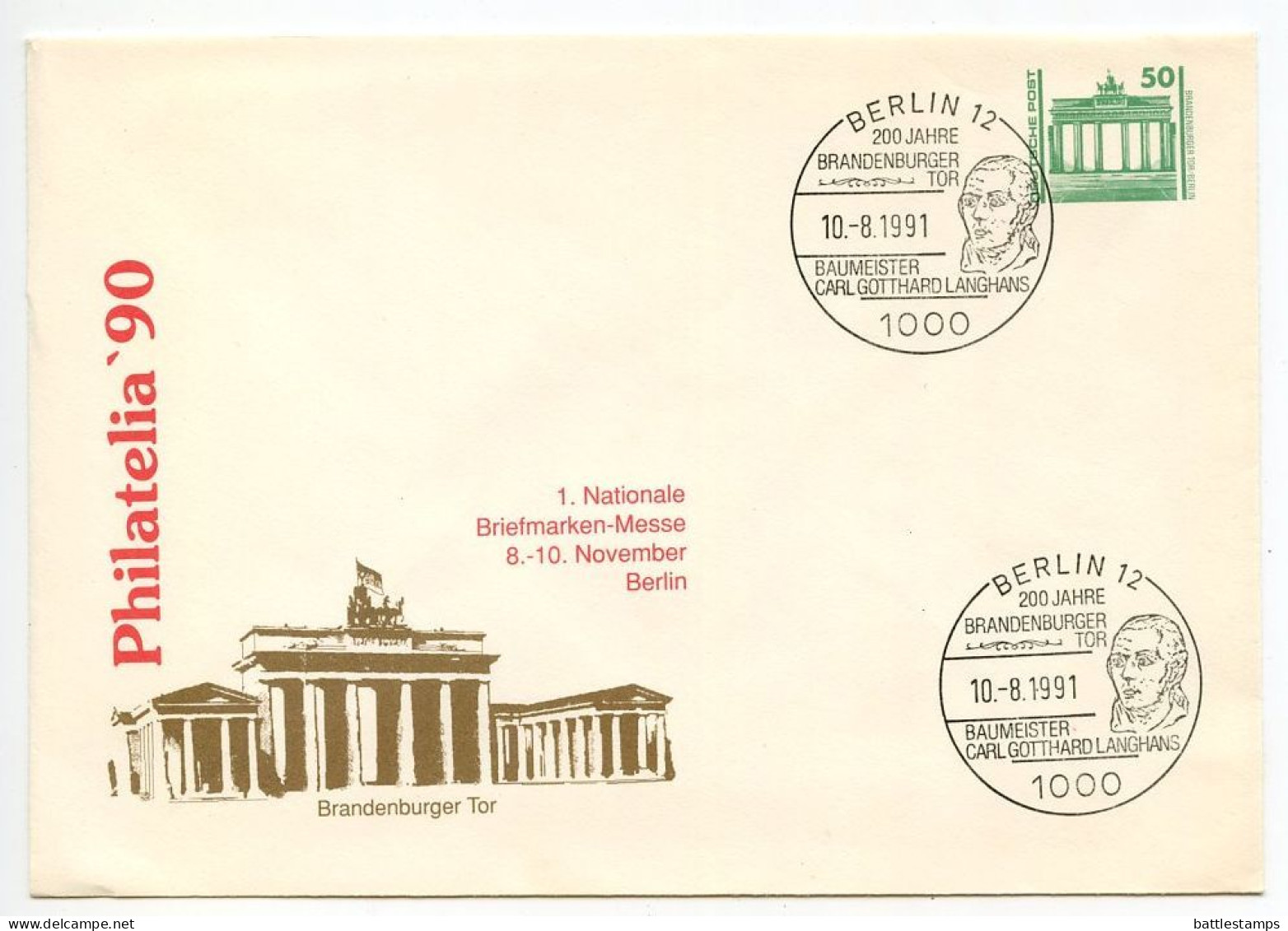 Germany, East 1991 3 50pf. Brandenburg Gate Postal Envelopes, Philatelia '90; Köln, Moers & Berlin Commemorative Pmks - Briefomslagen - Gebruikt