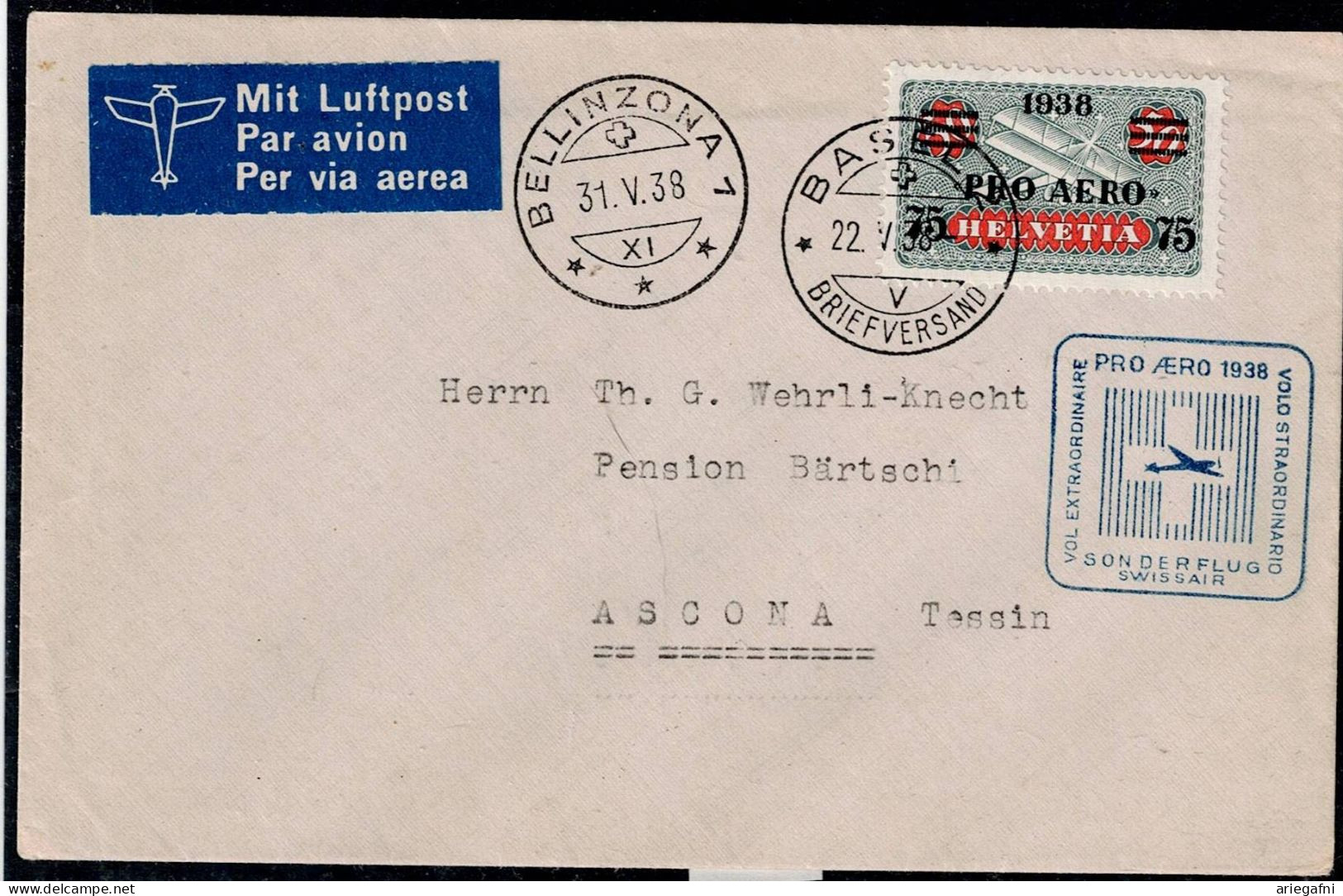 SWITZERLAND 1938 REGISTERED COVER FLIGHTS IN 31/5/38 FROM BELLINZONA TO ASCONA VF!! - Eerste Vluchten