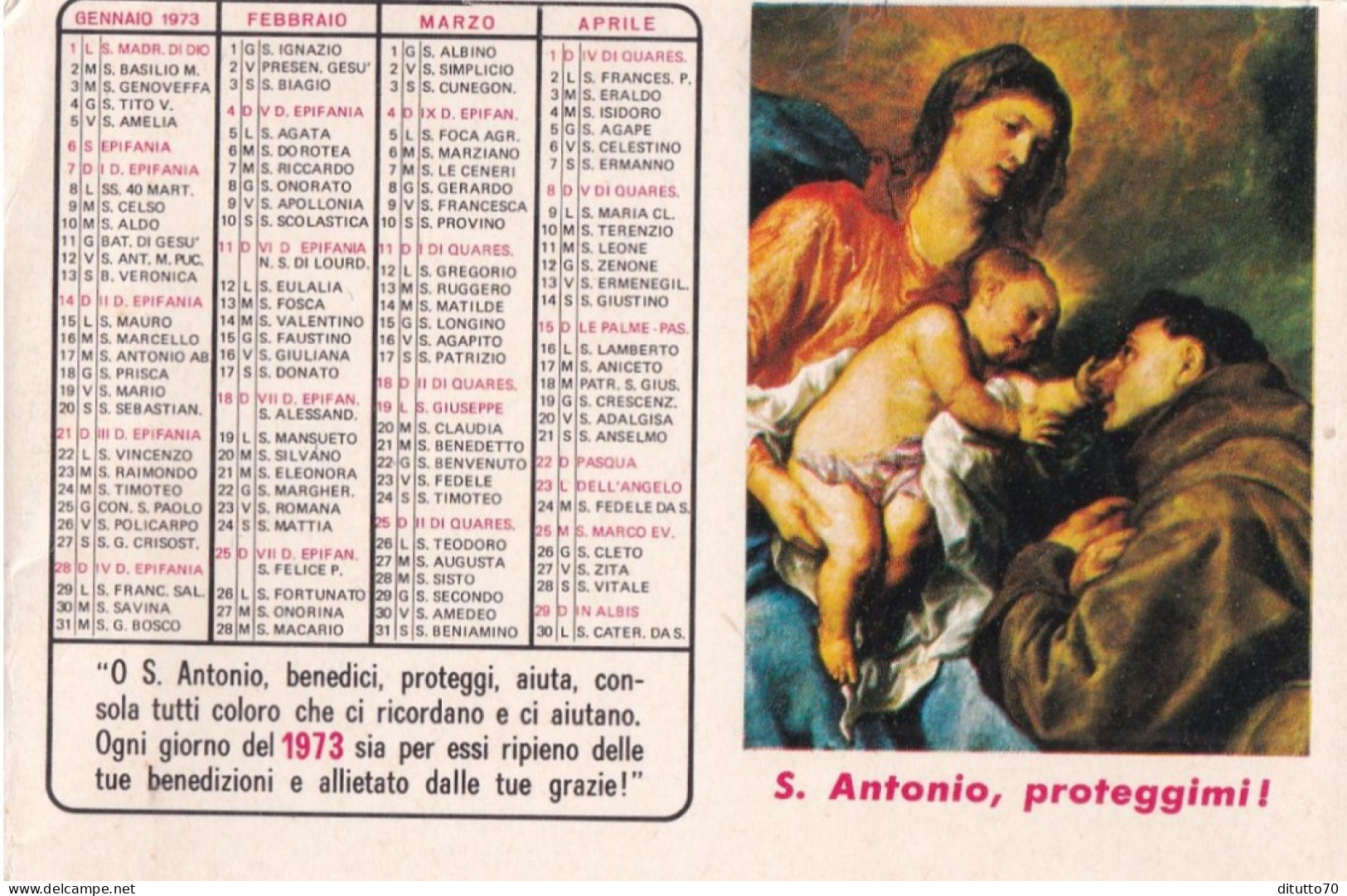 Calendarietto - Opera Il Pane Dis.antonio -opera Francescana Della Carità Convento S.croce - Bologna - Anno 1973 - Formato Piccolo : 1971-80