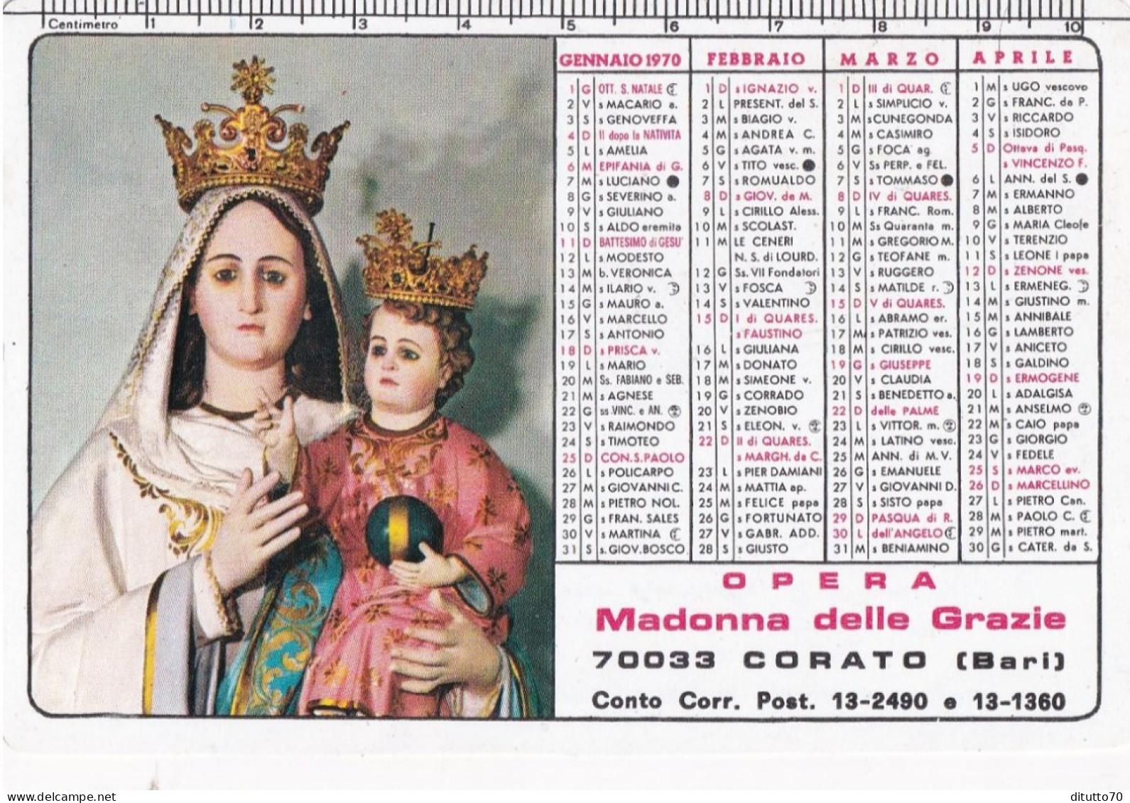 Calendarietto - Opera Madonna Delle Grazie - Corato - Bari - Anno 1970 - Tamaño Pequeño : 1961-70