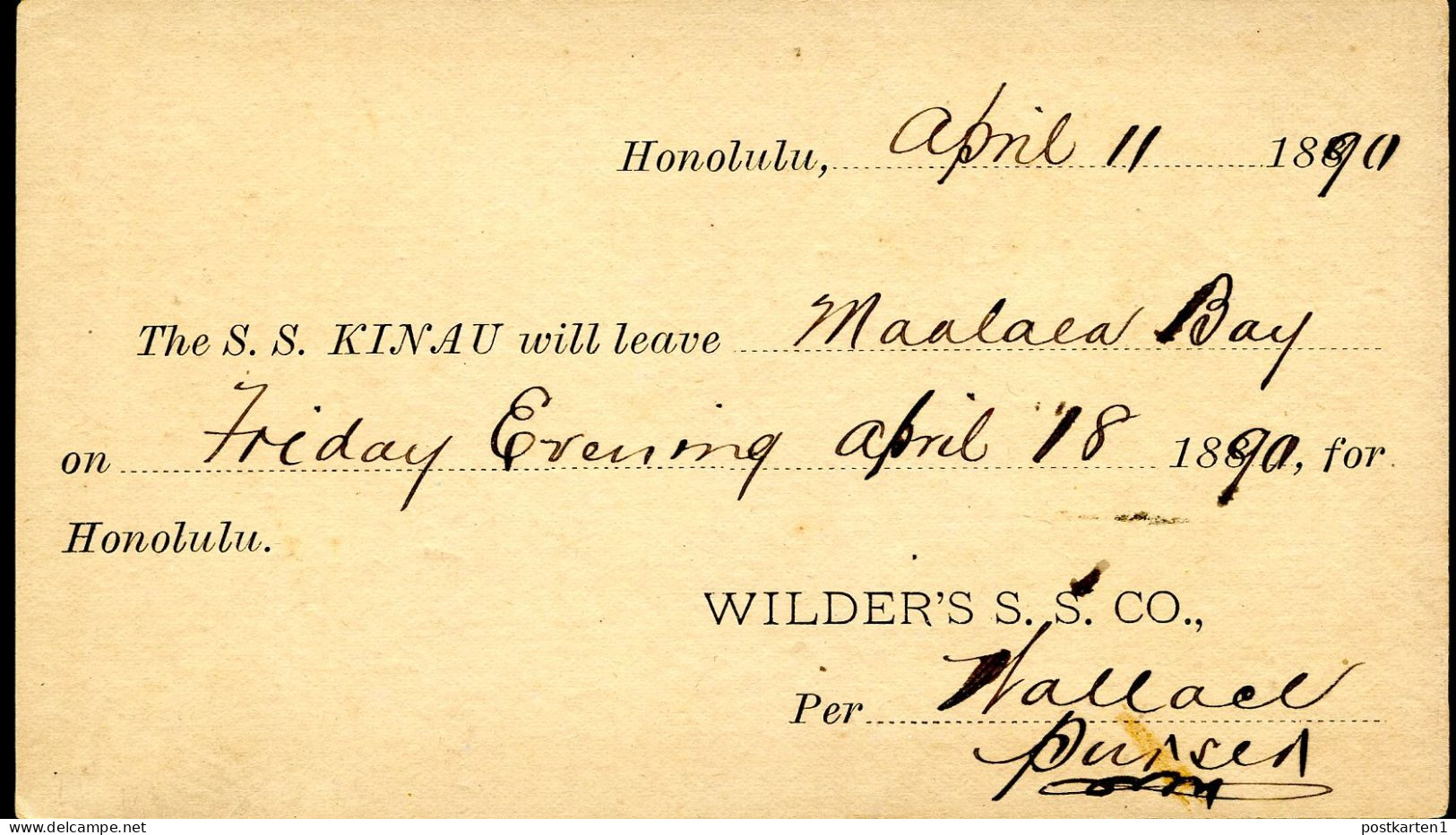 Hawaii Postal Card UX1 Wailuku Maui WILDERS'S S.S. - Kahului Vf 1890 - Hawaii