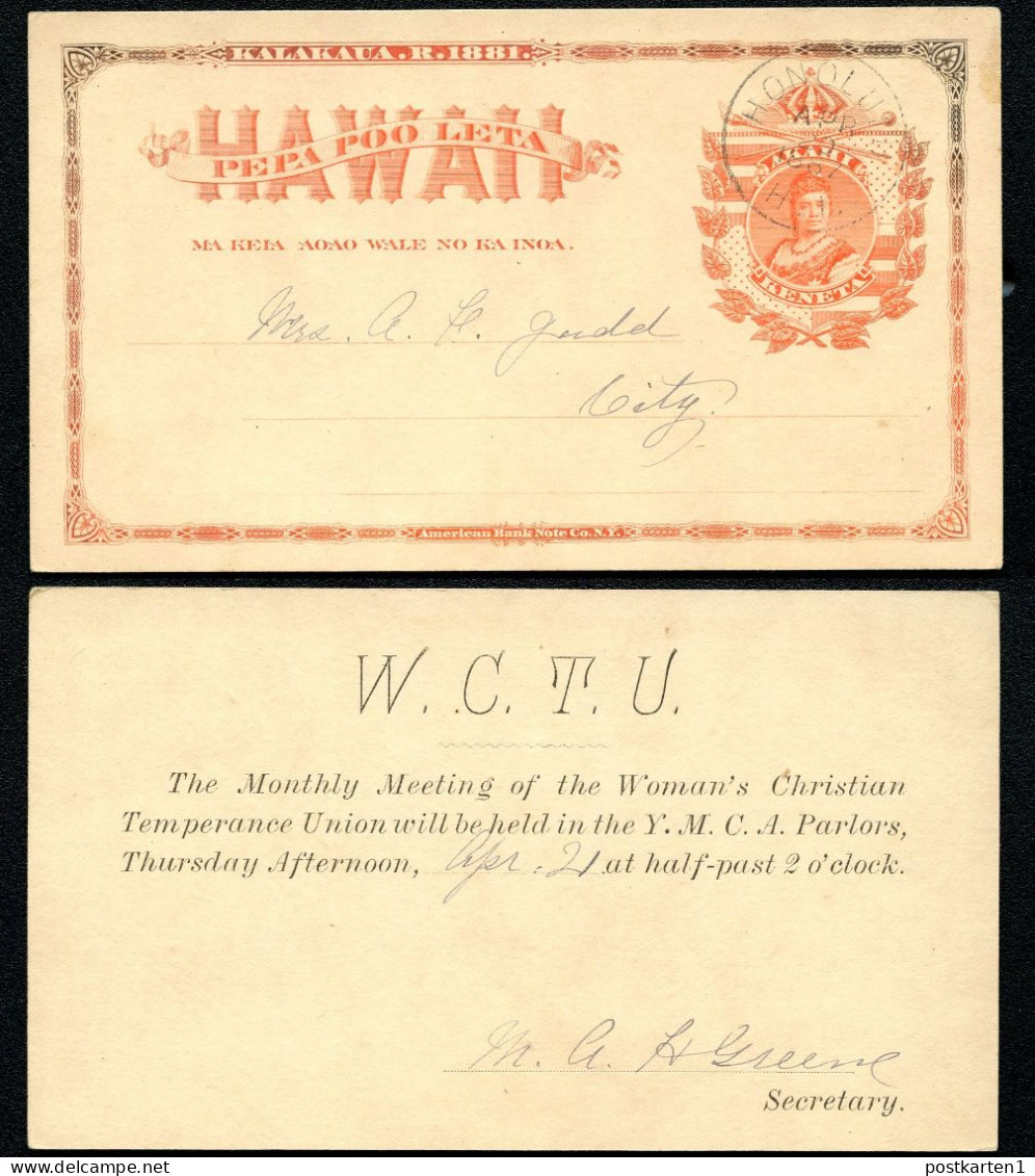 Hawaii Postal Card UX1 Honolulu W.C.T.U. Vf 1887 - Hawai
