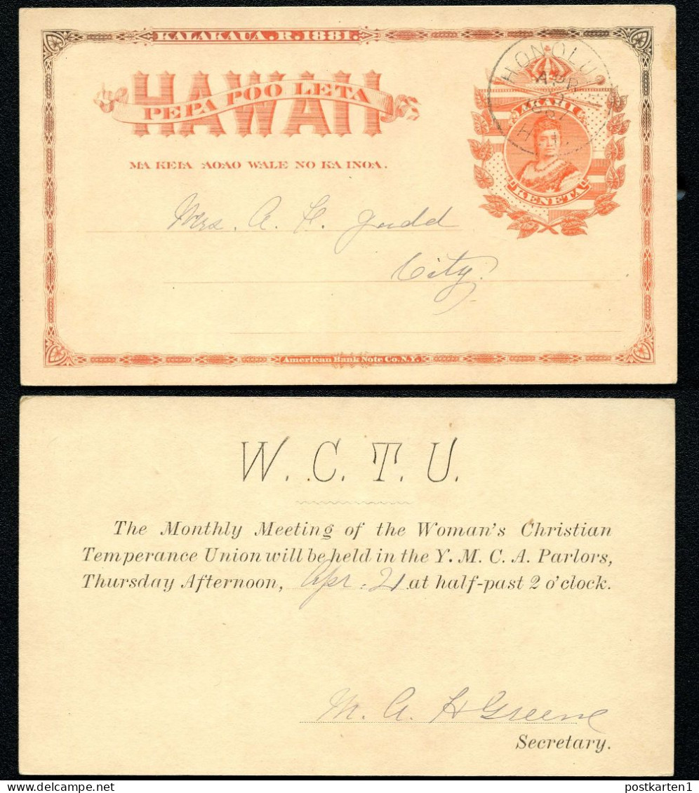 Hawaii Postal Card UX1 Honolulu W.C.T.U. Vf 1887 - Hawaii