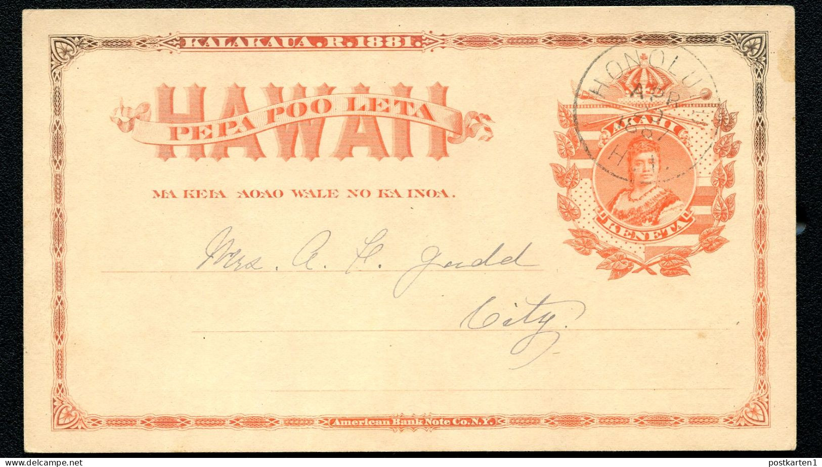 Hawaii Postal Card UX1 Honolulu W.C.T.U. Vf 1887 - Hawai