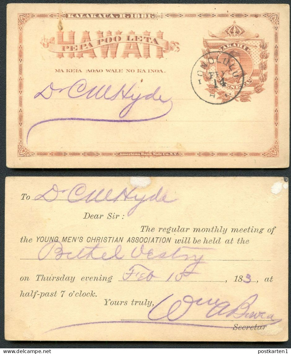 Hawaii Postal Card UX1 Honolulu YMCA 1883 - Hawai