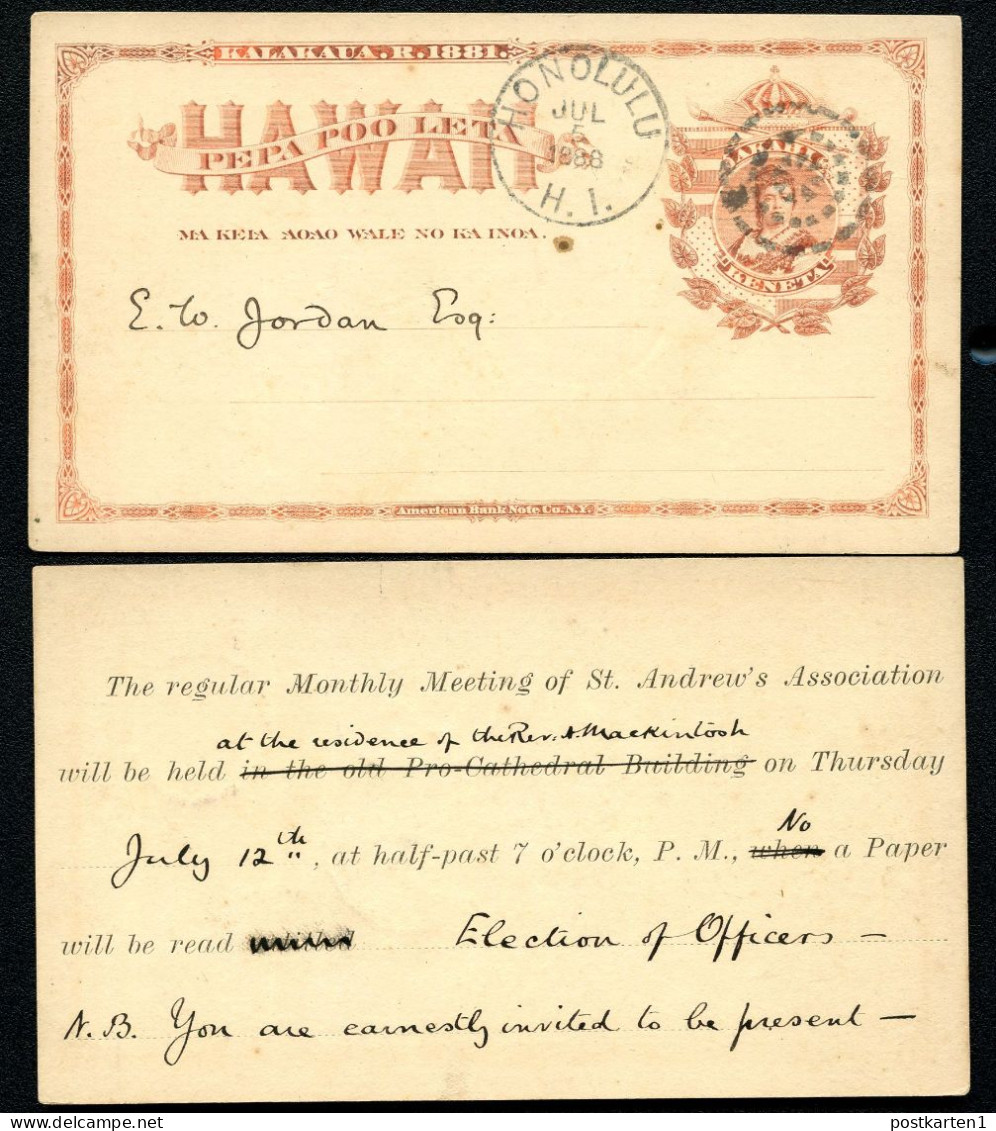 Hawaii Postal Card UX1 Honolulu MEETING ST. ANDREW'S ASSOCIATION Vf 1888 - Hawaï