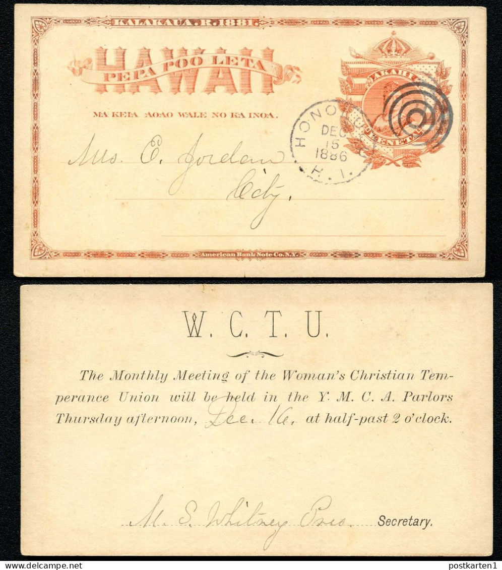 Hawaii Postal Card UX1 Honolulu W.C.T.U. Vf 1886 - Hawaii