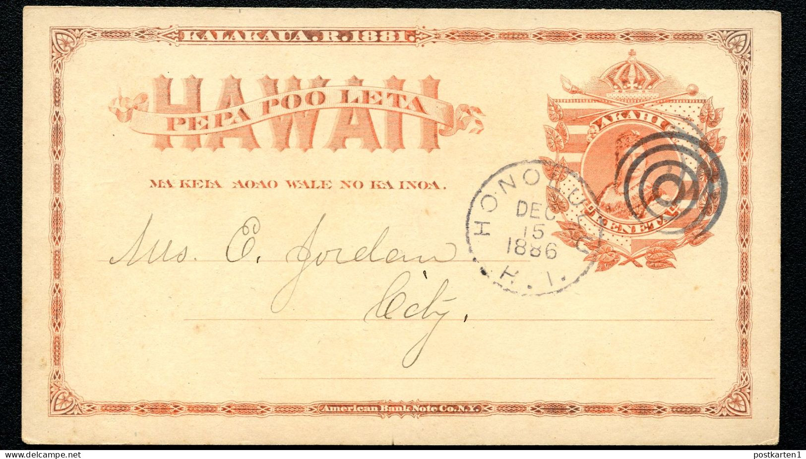 Hawaii Postal Card UX1 Honolulu W.C.T.U. Vf 1886 - Hawai