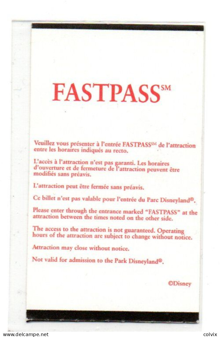FRANCE FASTPASS TICKET DISNEYLAND PARIS INDIANA JONES Date 01/10/2001 - Disney