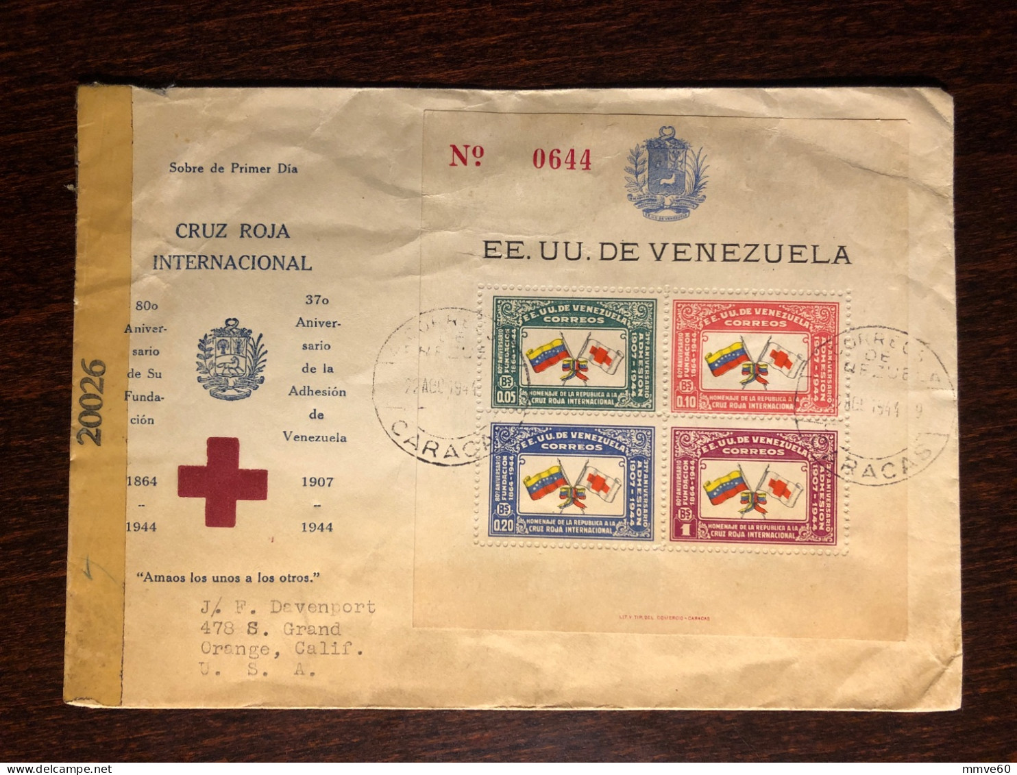 VENEZUELA FDC COVER  LETTER TO USA 1944 YEAR RED CROSS HEALTH MEDICINE STAMPS - Venezuela