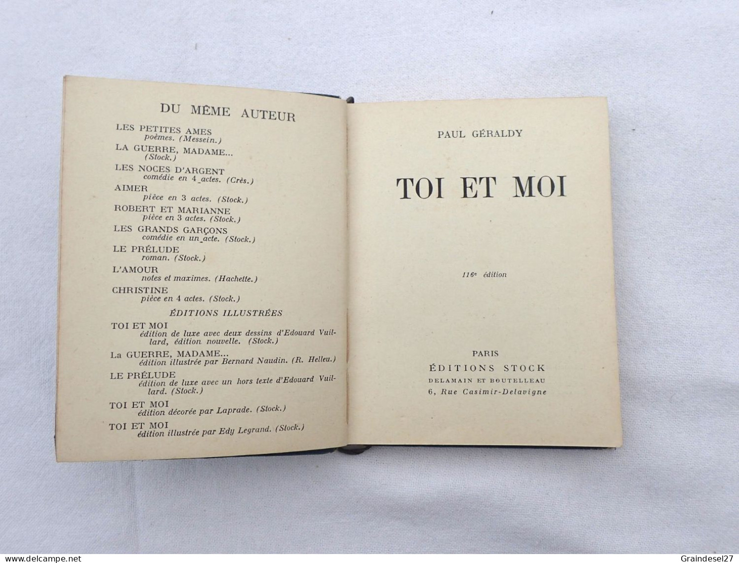 Livre "Toi et moi" de Paul Geraldy recueil de poésie, Editions Stock 1943