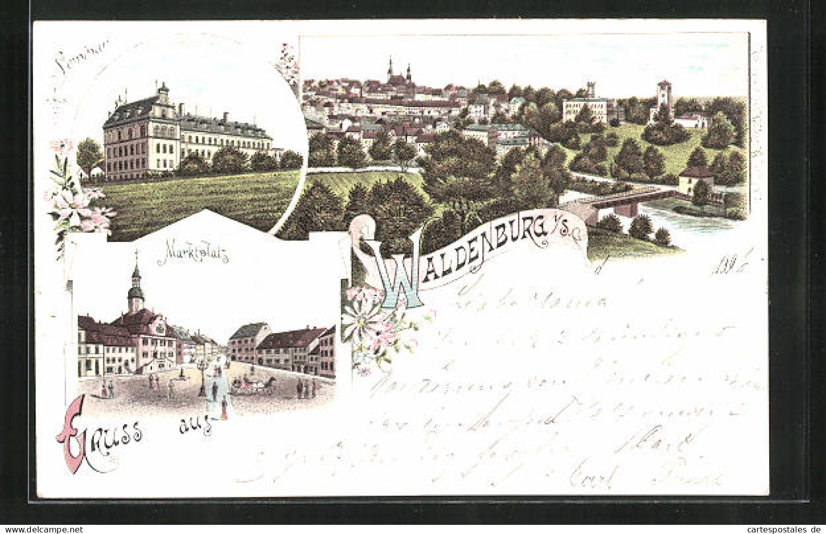 Lithographie Waldenburg, Marktplatz, Seminar, Totalansicht Mit Fluss  - Waldenburg (Sachsen)