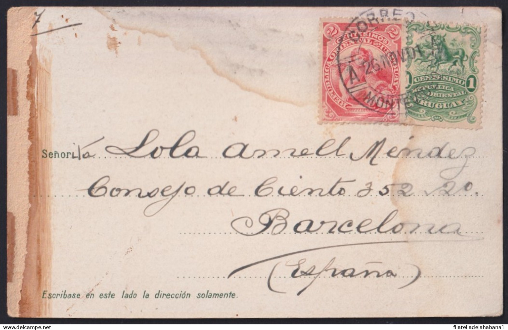 F-EX43100 URUGUAY 1901 POSTCARD TO SPAIN RAILROAD COSQUIN ARGENTINA CORDOBA.  - Uruguay