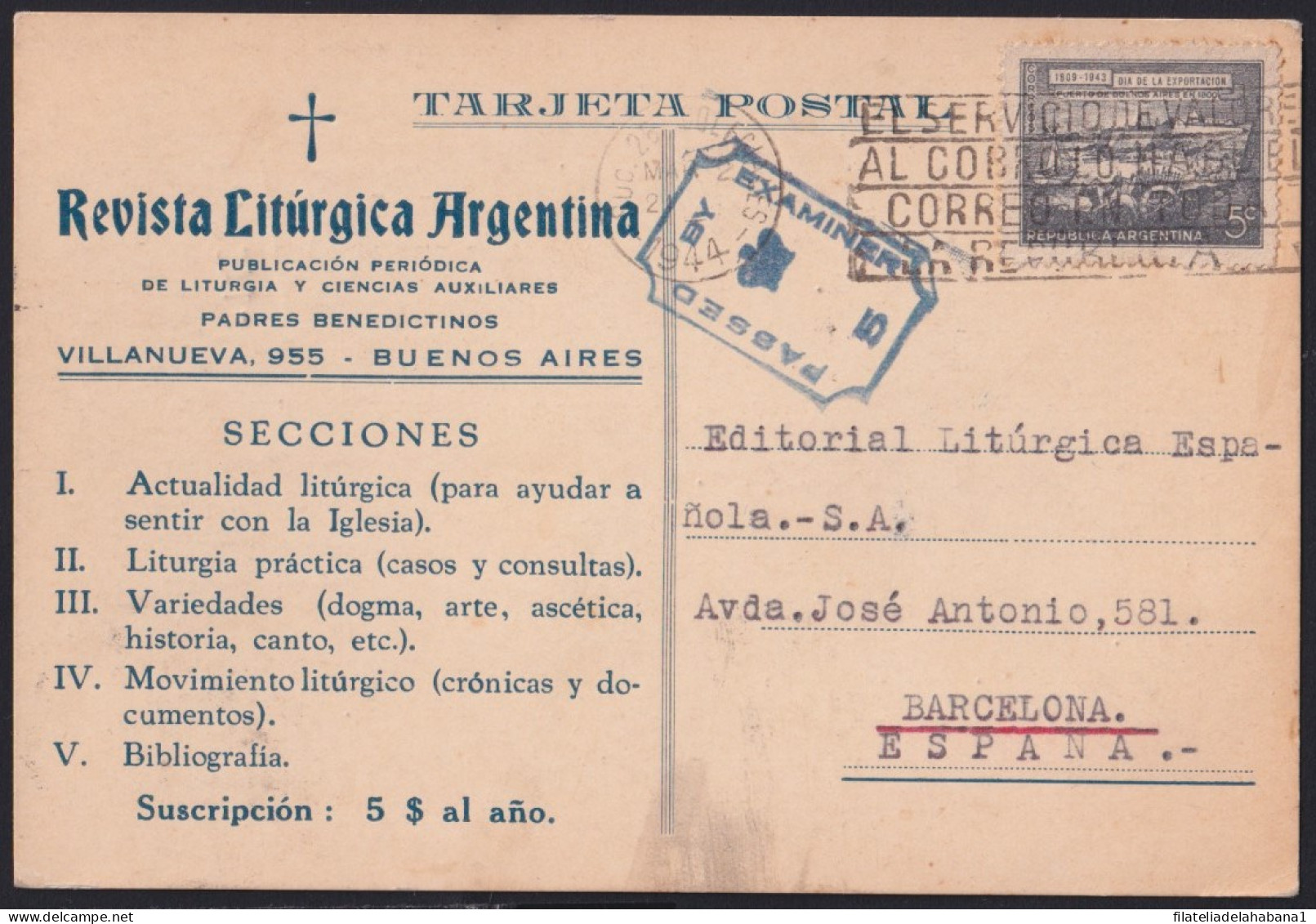 F-EX41276 ARGENTINA 1944 BRITISH CENSORSHIP RELIGION CARD TO – SPAIN.   - Altri & Non Classificati