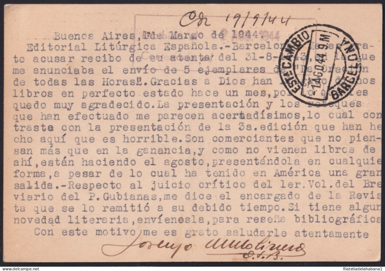 F-EX41276 ARGENTINA 1944 BRITISH CENSORSHIP RELIGION CARD TO – SPAIN.   - Otros & Sin Clasificación