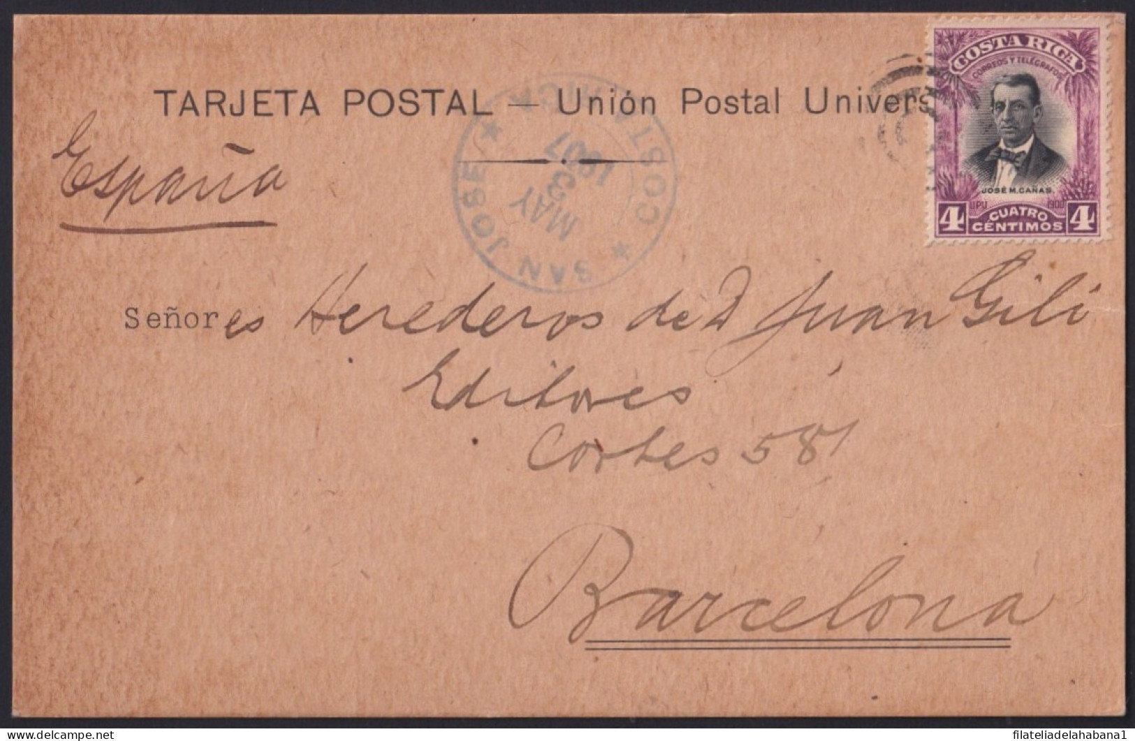 F-EX41275 COSTA RICA 1907 LIBRERÍA LEHMANN BOOK STORE SPECIAL CARD TO SPAIN.   - Costa Rica