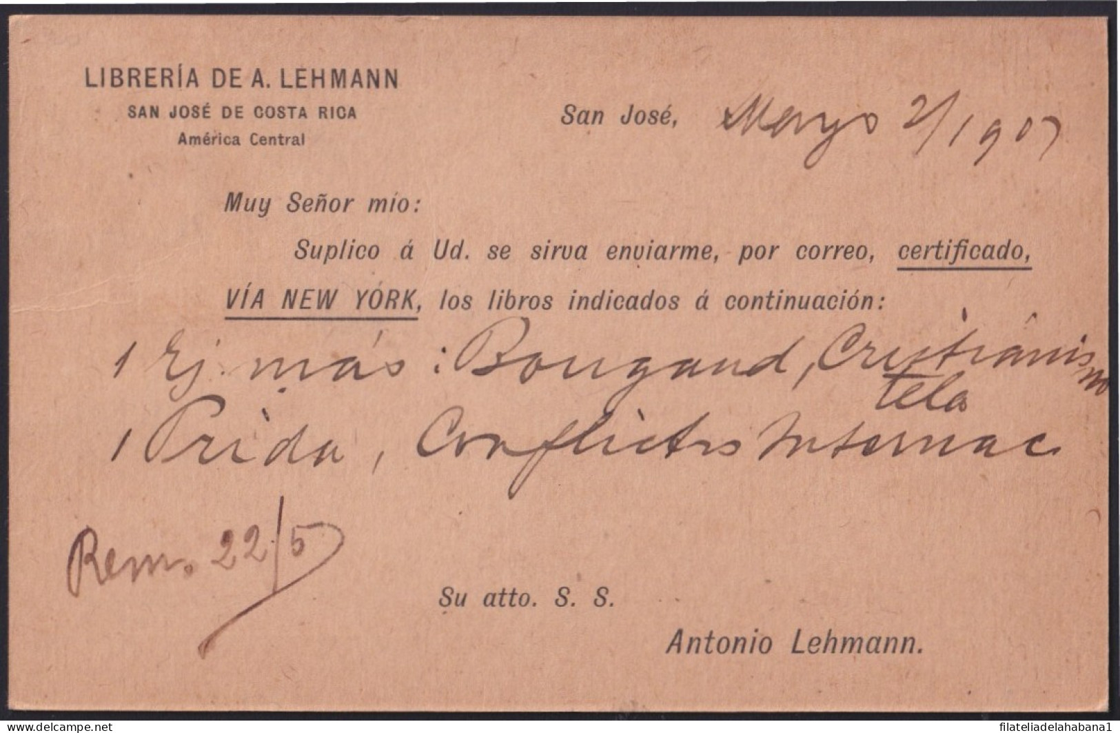 F-EX41275 COSTA RICA 1907 LIBRERÍA LEHMANN BOOK STORE SPECIAL CARD TO SPAIN.   - Costa Rica