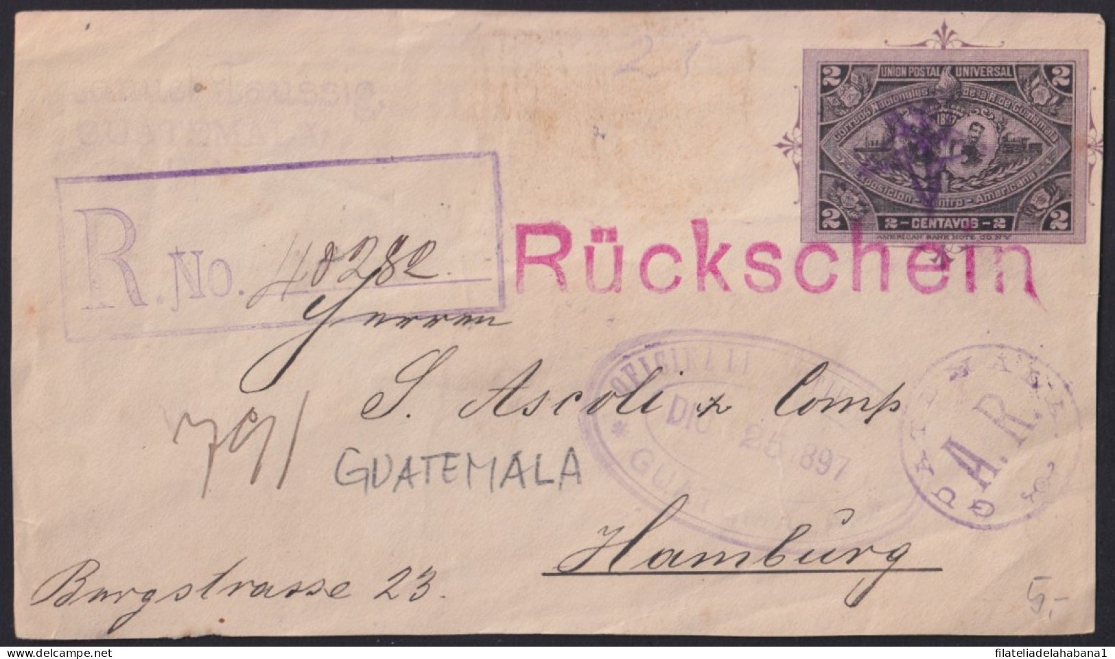 F-EX41260 GUATEMALA 1897 FRONT REG STATIONERY RECEIP DEMANDED TO GERMANY.   - Guatemala
