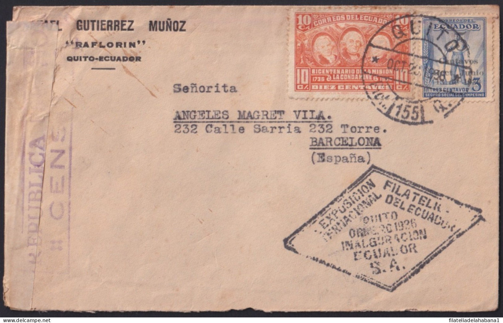 F-EX41264 ECUADOR 1936 PHILATELIC EXPO COVER QUITO TO SPAIN CENSORSHIP.   - Equateur