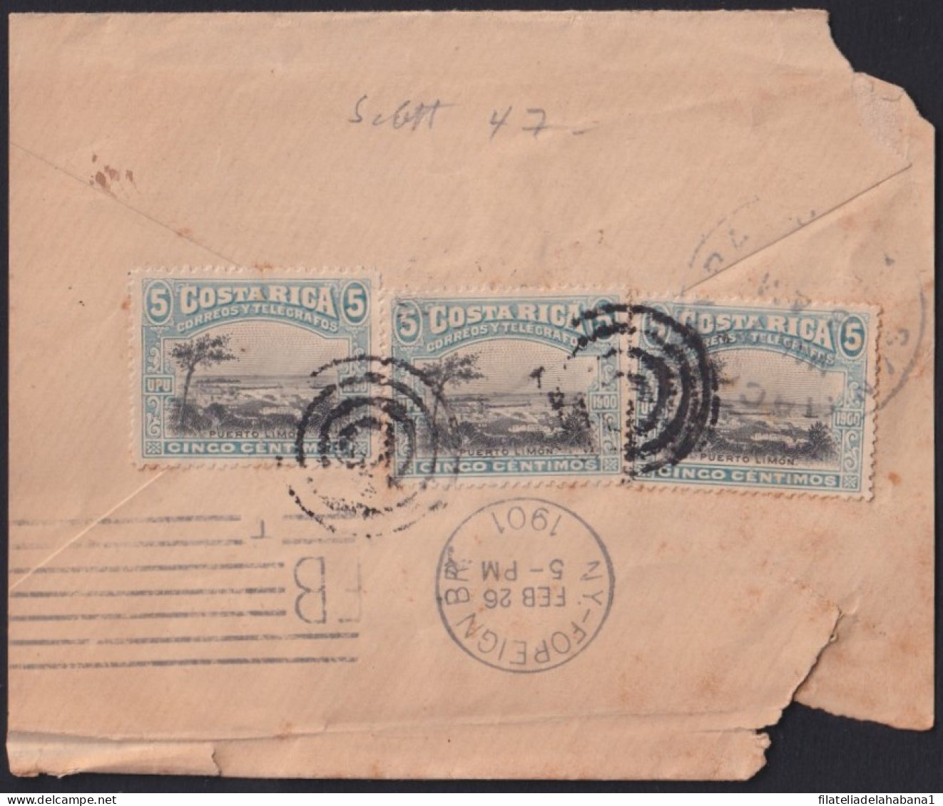 F-EX41249 COSTA RICA 1901 REGISTERED COVER TO HAVANA. FRAGMENTO SOBRE.   - Costa Rica