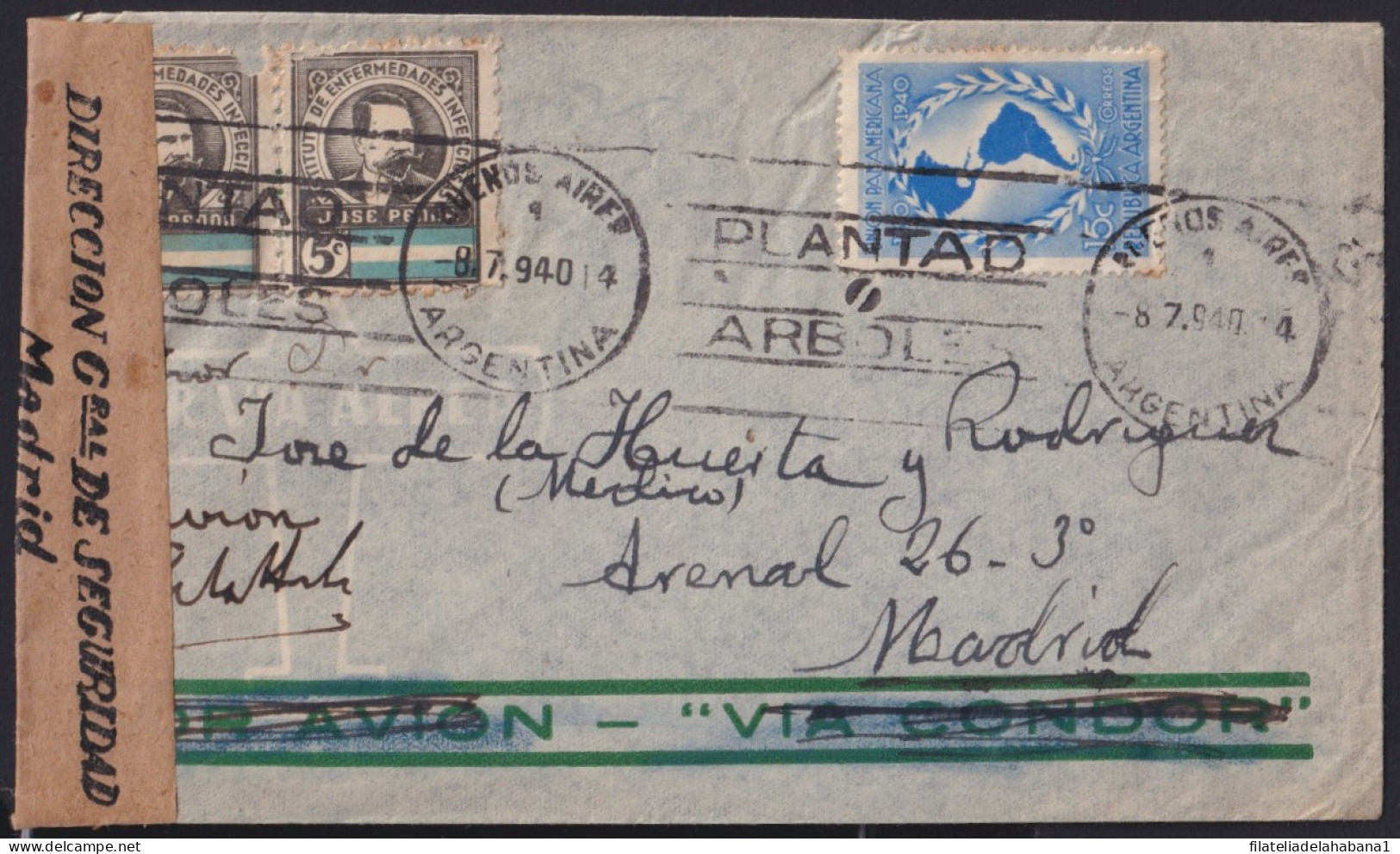 F-EX41245 ARGENTINA 1940 CENSORSHIP COVER – SPAIN WITH “PLANTEMOS ARBOLES” TREE.   - Storia Postale