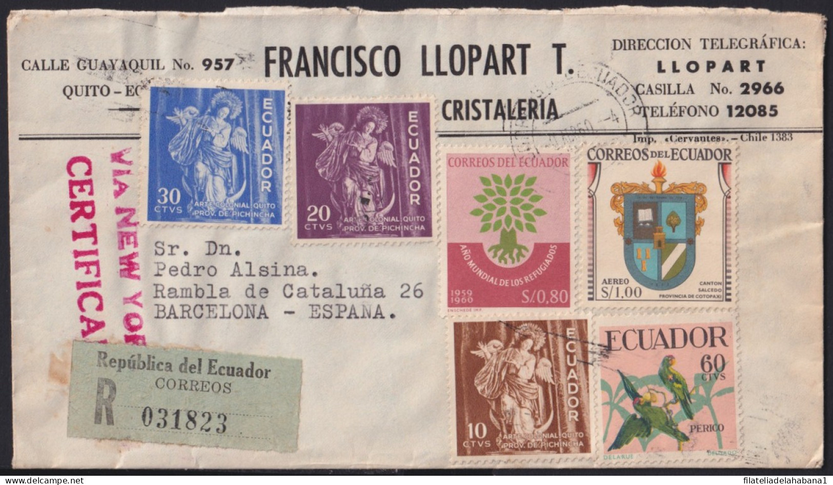 F-EX41241 ECUADOR 1960 REGISTERED AIR COVER QUITO TO SPAIN.   - Ecuador