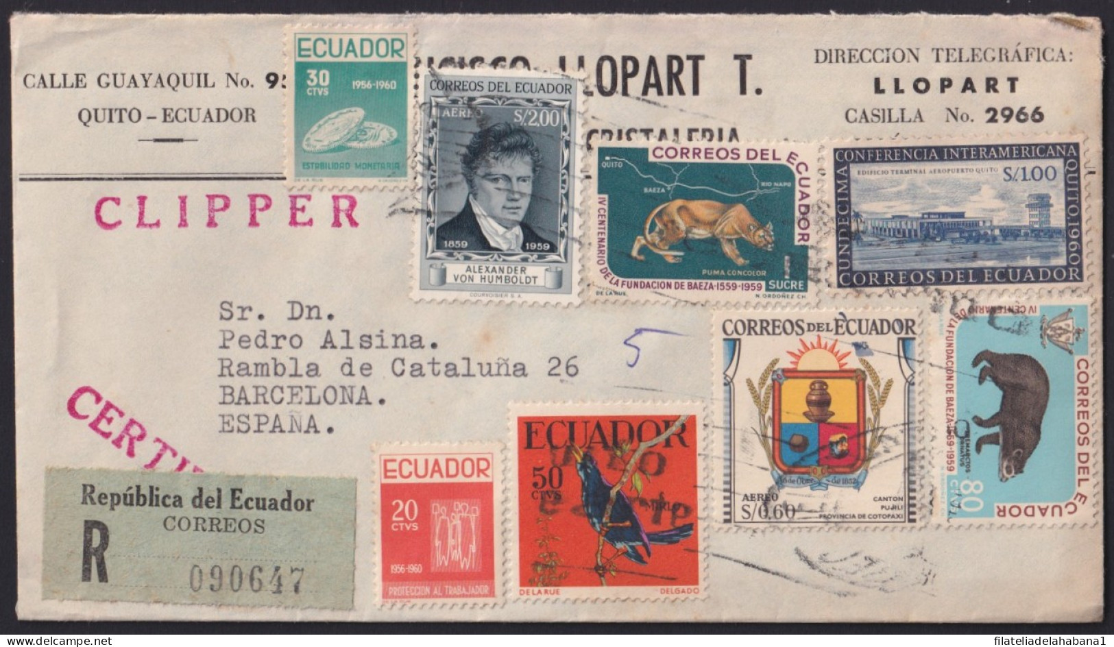 F-EX41240 ECUADOR 1960 REGISTERED AIR COVER QUITO TO SPAIN CLIPPER.   - Ecuador