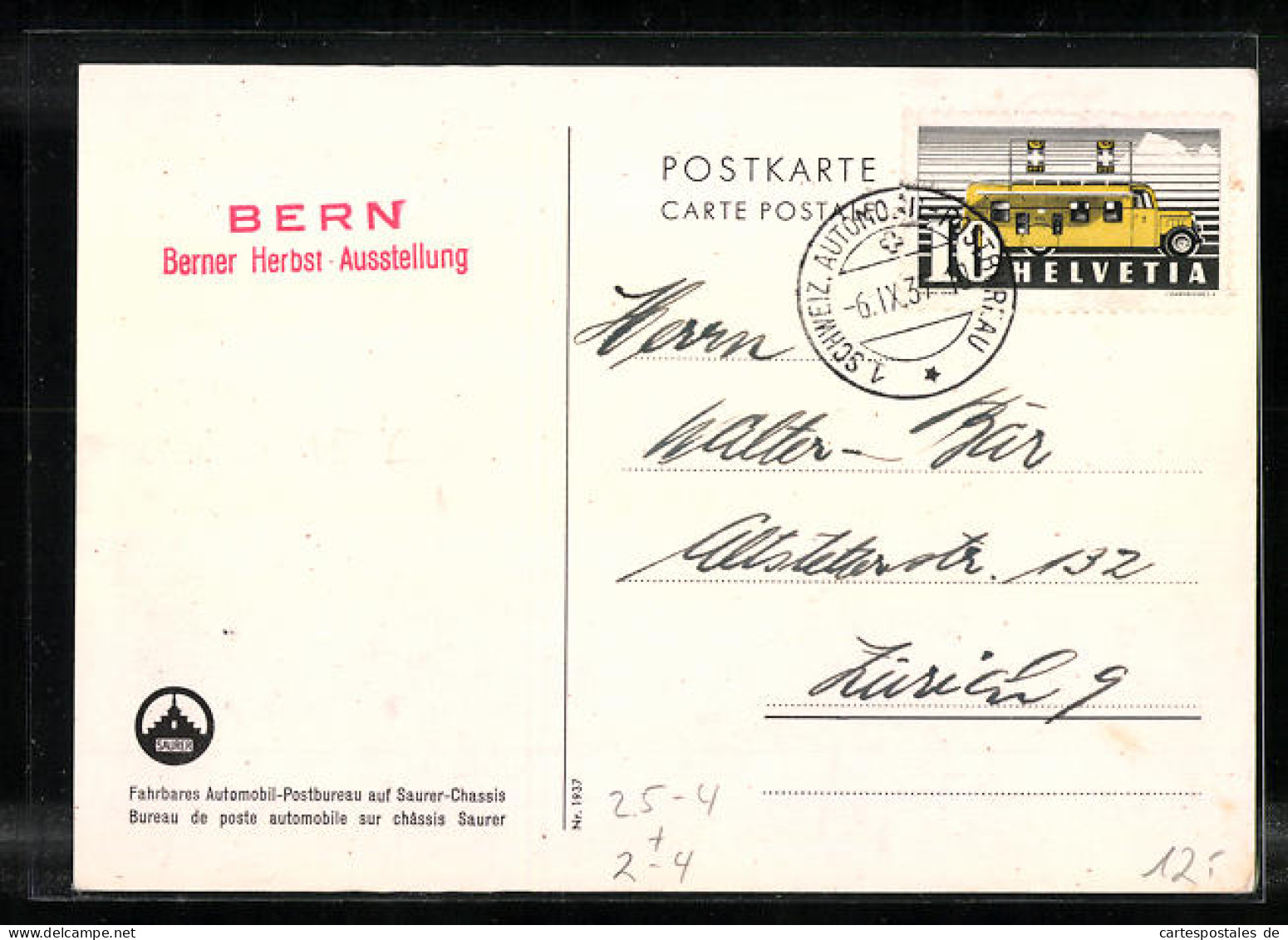 AK Bern, Berner Herbst-Ausstellung, Fahrbares Automobil-Postbureau Auf Saurer-Chassis  - Postal Services