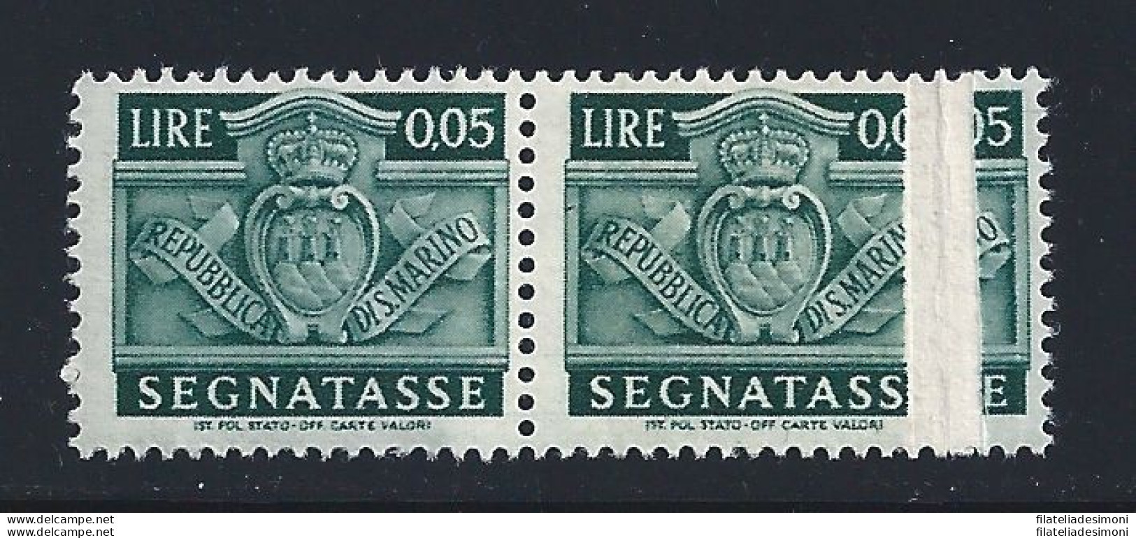 1945 SAN MARINO, Segnatasse N° 65d 5c. Verde Azzurro MNH/** Carta Ricongiunta - Varietà & Curiosità