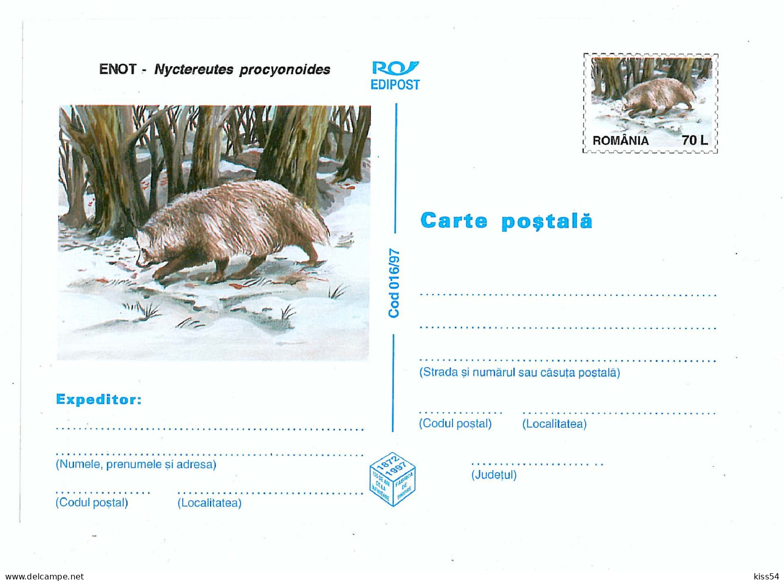 IP 97 - 16 Enot, RACCOON, Valuable For Animals - Stationery - Unused - 1997 - Postal Stationery