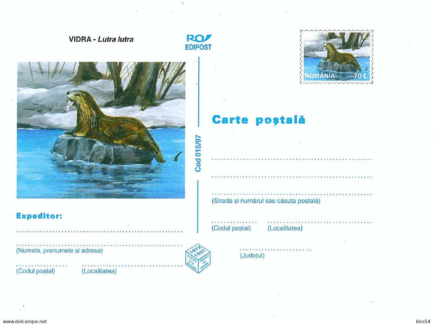 IP 97 - 15 Vidra, OTTER, Valuable Fur Animals, Romania - Stationery - Unused - 1997 - Postal Stationery