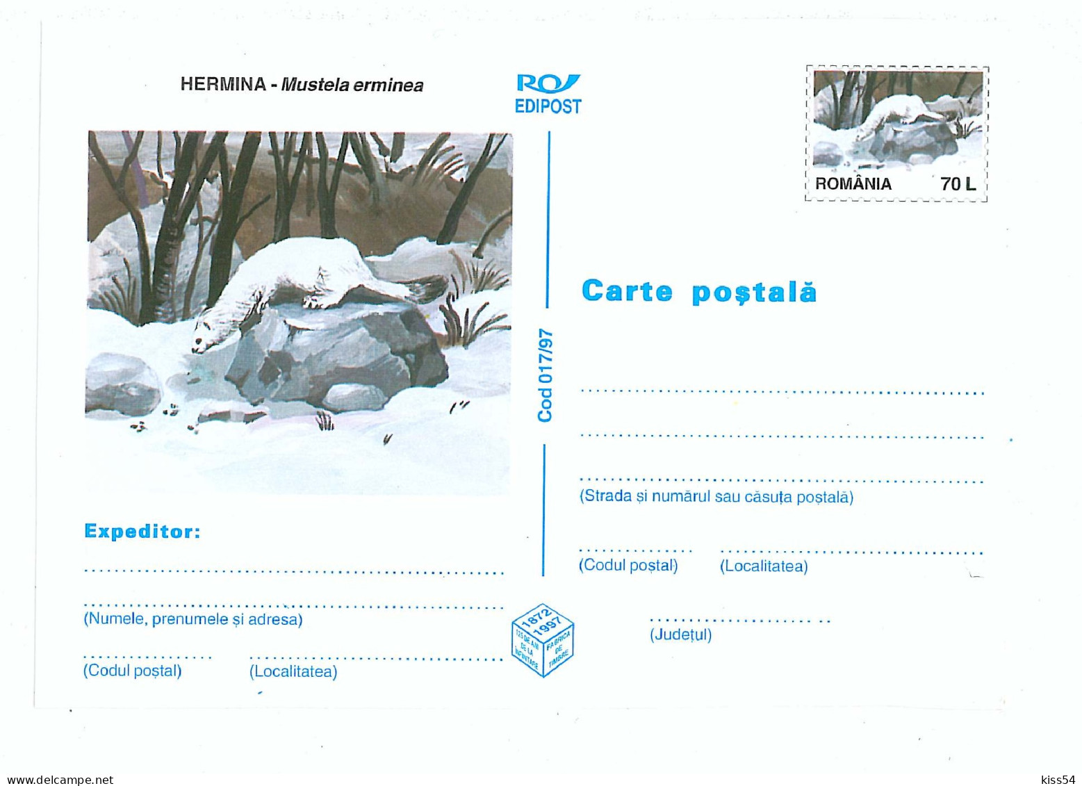 IP 97 - 17 HERMINA, Valuable Fur Animals, Romania - Stationery - Unused - 1997 - Postal Stationery