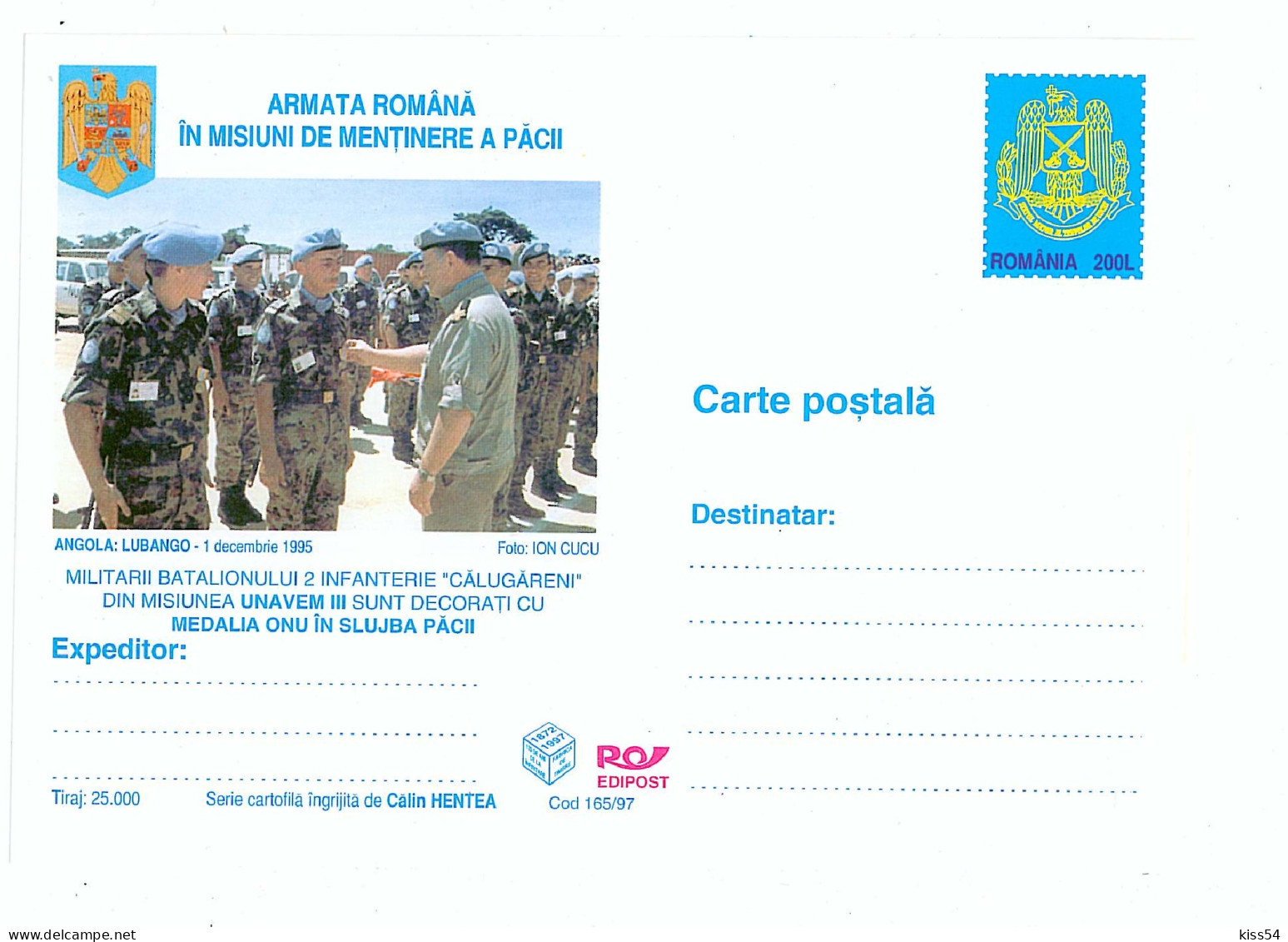 IP 97 - 165 NATO, Romanian Army In Peacekeeping Missions - Stationery - Unused - 1997 - Postal Stationery