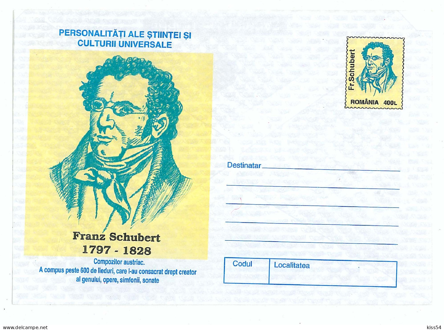 IP 97 - 47 Franz SCHUBERT, Austrian Composer, Romania - Stationery - Unused - 1997 - Postal Stationery