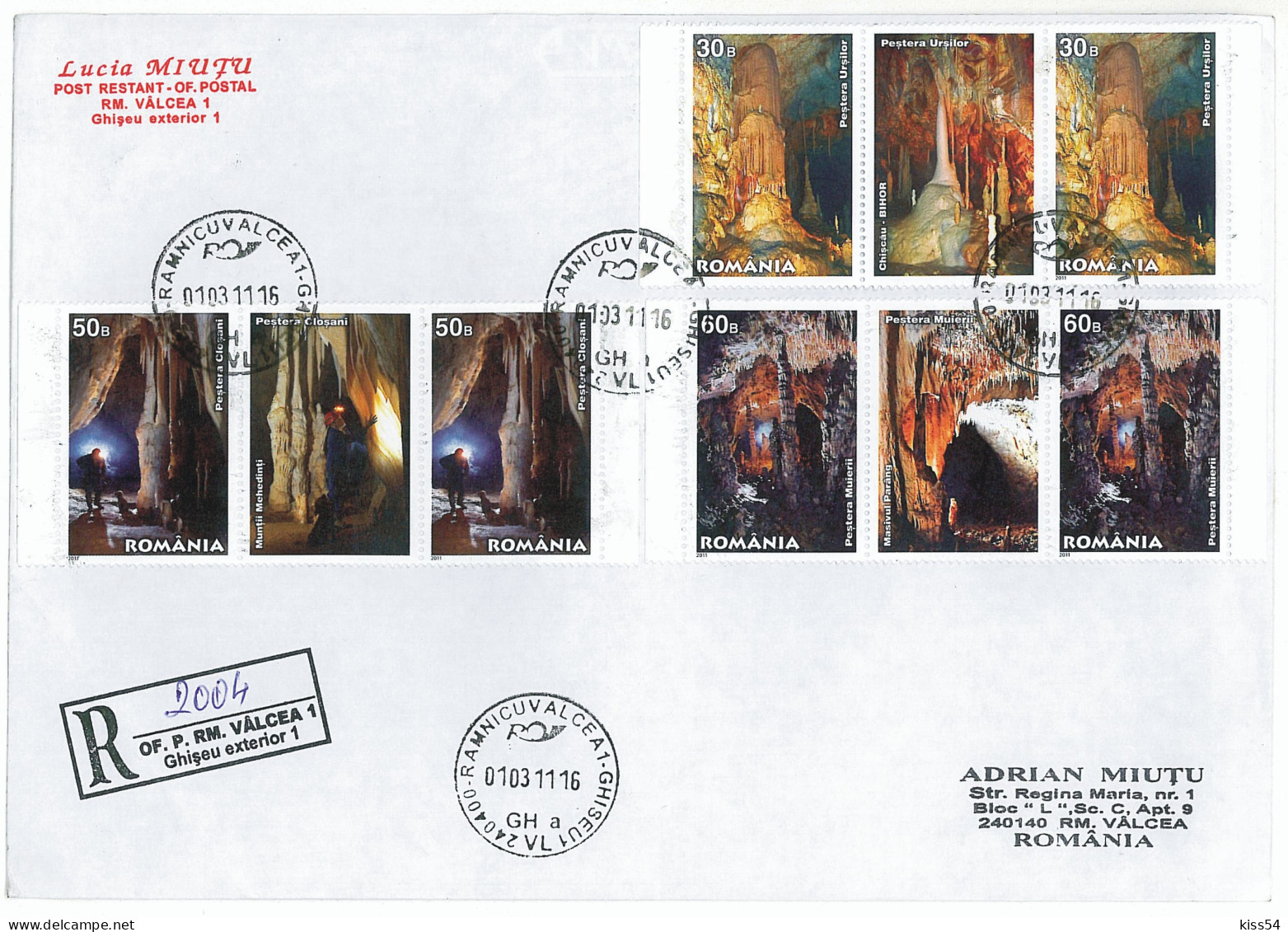 COV 88 - 2004-a CAVE, Romania, Stamps With 3 Vignette - REGISTERED Cover - Used - 2011 - Autres & Non Classés