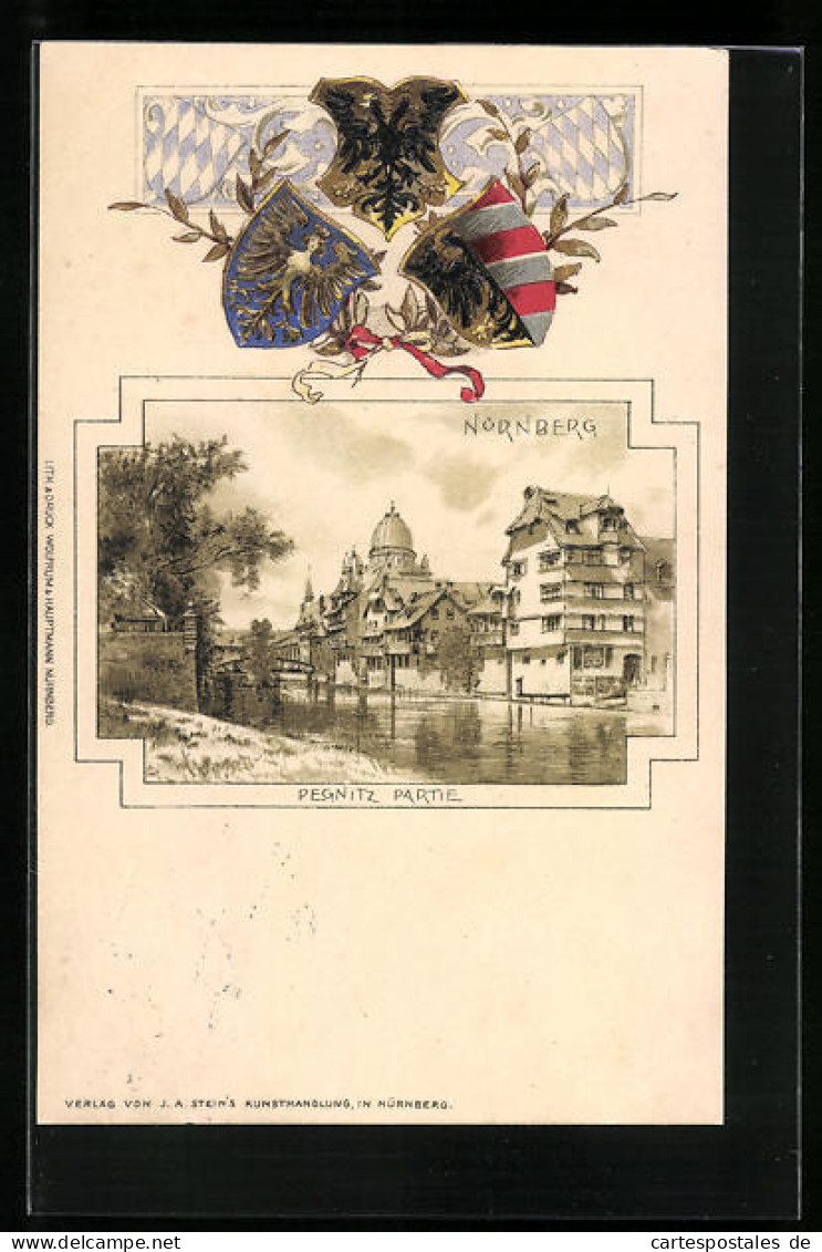 Präge-Lithographie Nürnberg, Pegnitz Partie, Wappen  - Pegnitz