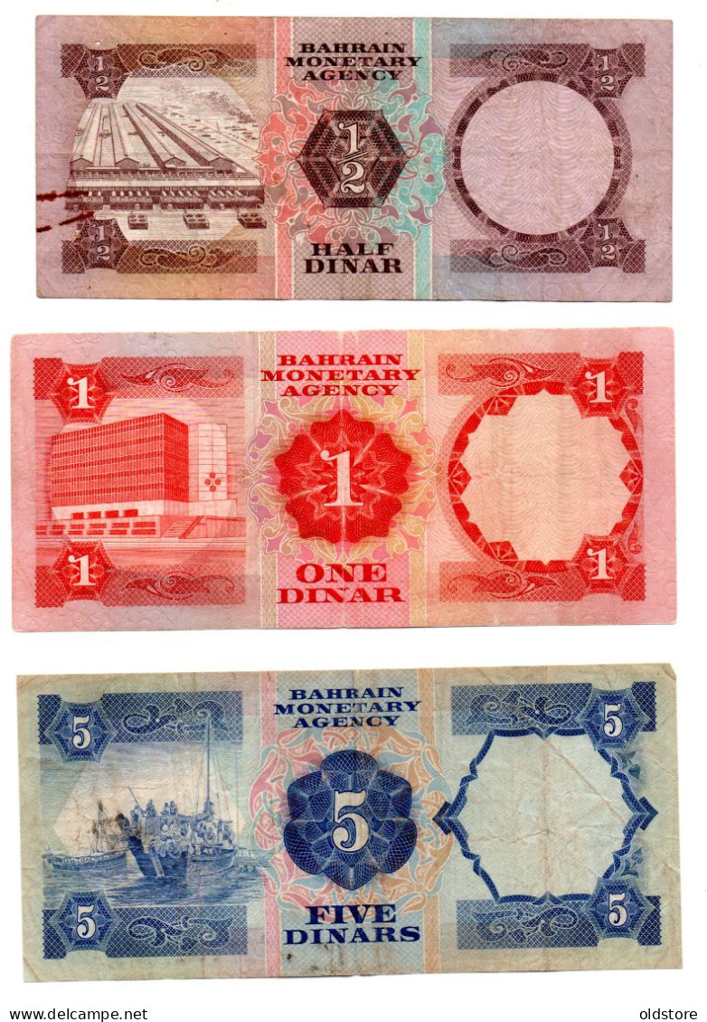 Bahrain Banknotes - Mini Set - 1/2 Dinar - 1 Dinar & 5 Dinars - Second Edition - ND 1973 - Used Condition - Bahrein