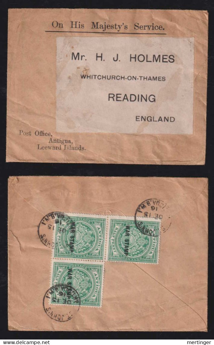 Antigua 1915 Cover To READING England 3x War Stamp Overprint - 1858-1960 Crown Colony