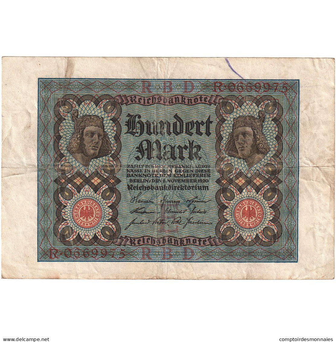 Allemagne, 100 Mark, 1920, 1920-11-01, KM:69b, B+ - 100 Mark