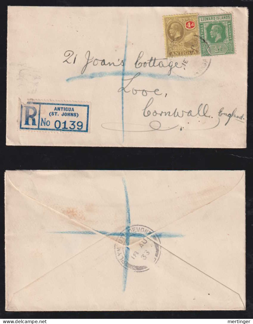 Antigua + LEEWARD ISLAND 1933 Registered Cover To LOOE England - 1858-1960 Kolonie Van De Kroon