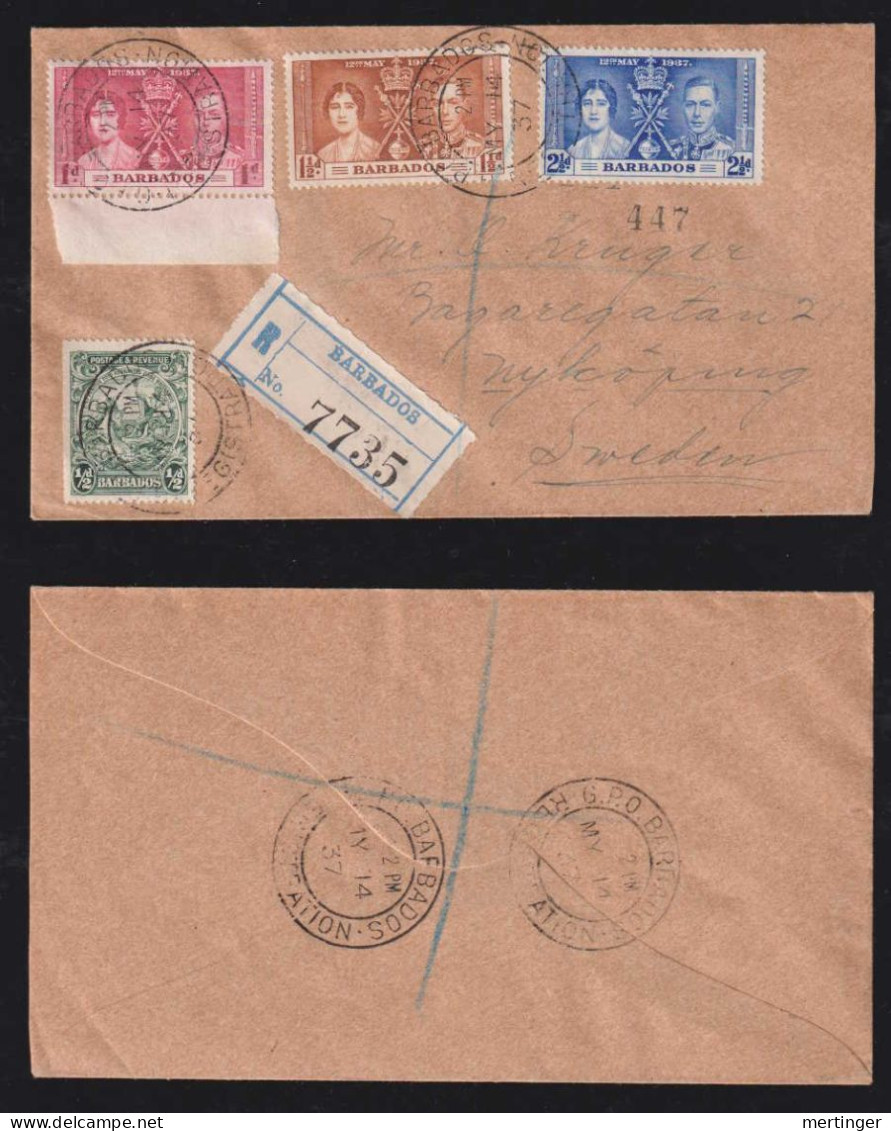 Barbados 1937 Registered Cover Cronation To SWEDEN - Barbades (...-1966)